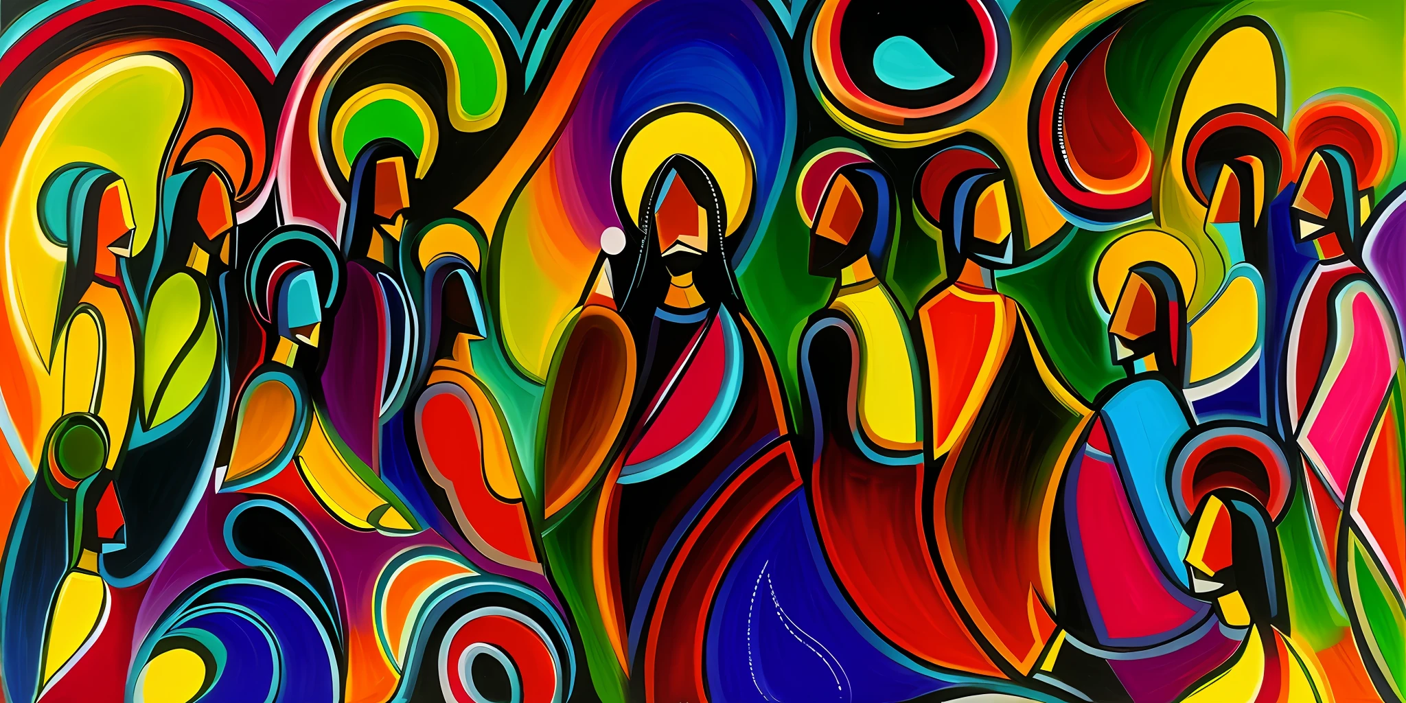 painting of a group of people with different colors and shapes, colourful artwork, inspired by Joseph Stella, indigenous art, brightly coloured oil on canvas, inspired by Martiros Saryan, colourful, by Eileen Aldridge, toyism, coloured, very vibrant, spiritual abstract forms, abstract figurative art, by Chinwe Chukwuogo-Roy, inspired by Juan O'Gorman --auto --s2