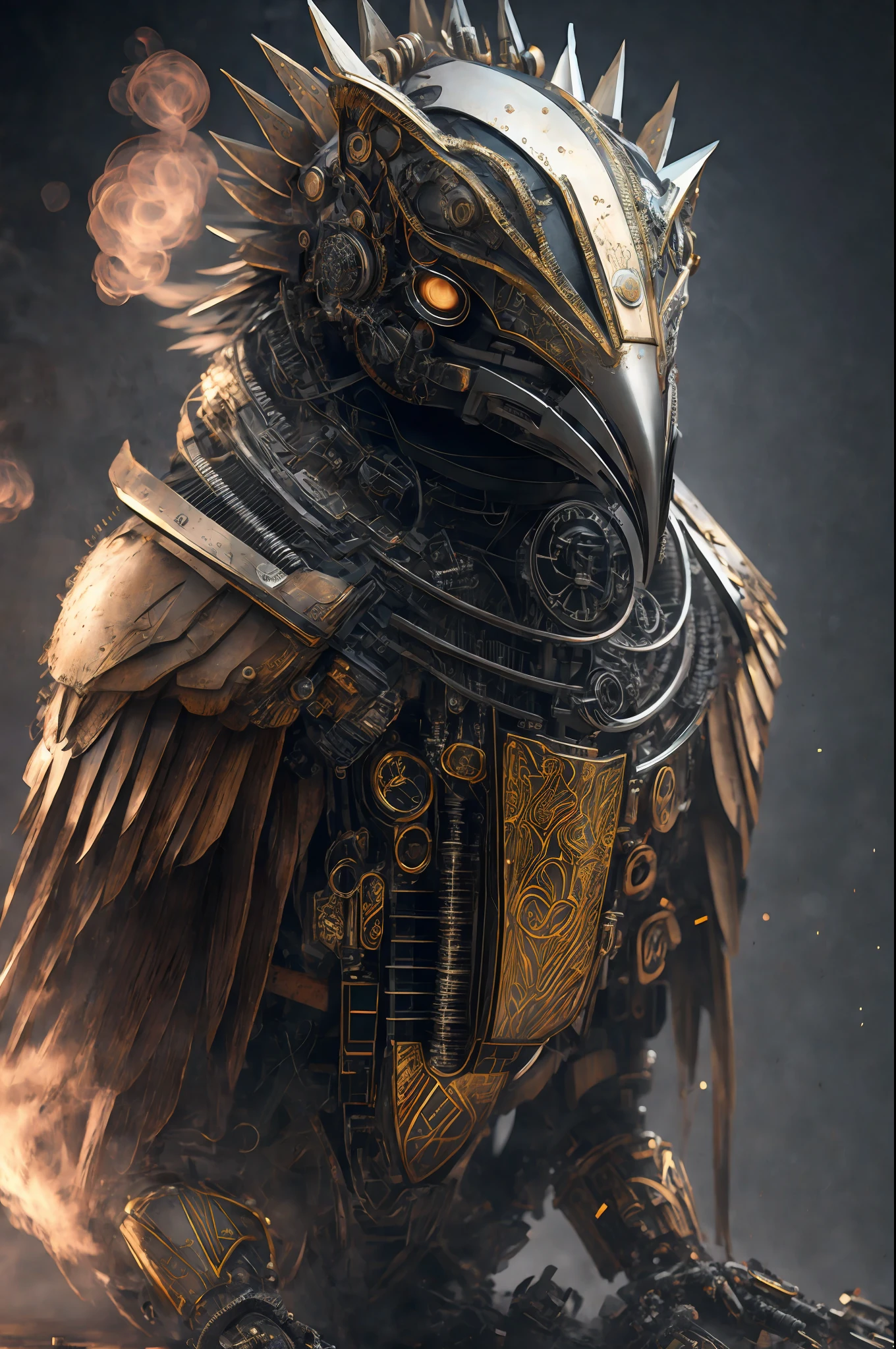 Best Quality, 500 Megapixels, CGSOCIETY, 8K, (Beautiful: 1.2) Original Photo of King Kiwi the Robot, DreamlikeArt, Ultra-detailed Photo Realism by Greg Rutkowski, (Film Grae: 1), High Resolution, Clear Focus, Contrast, Intricate Detail, Atmospheric Light, Refractive Lighting, Unreal Engine 5, Cinema, Concept Photography, Masterpiece, Octane Rendering, CGSOCIETY Trends, Color Smoke, Crazy Detail, steampunk detail, intricate detail, super detail,