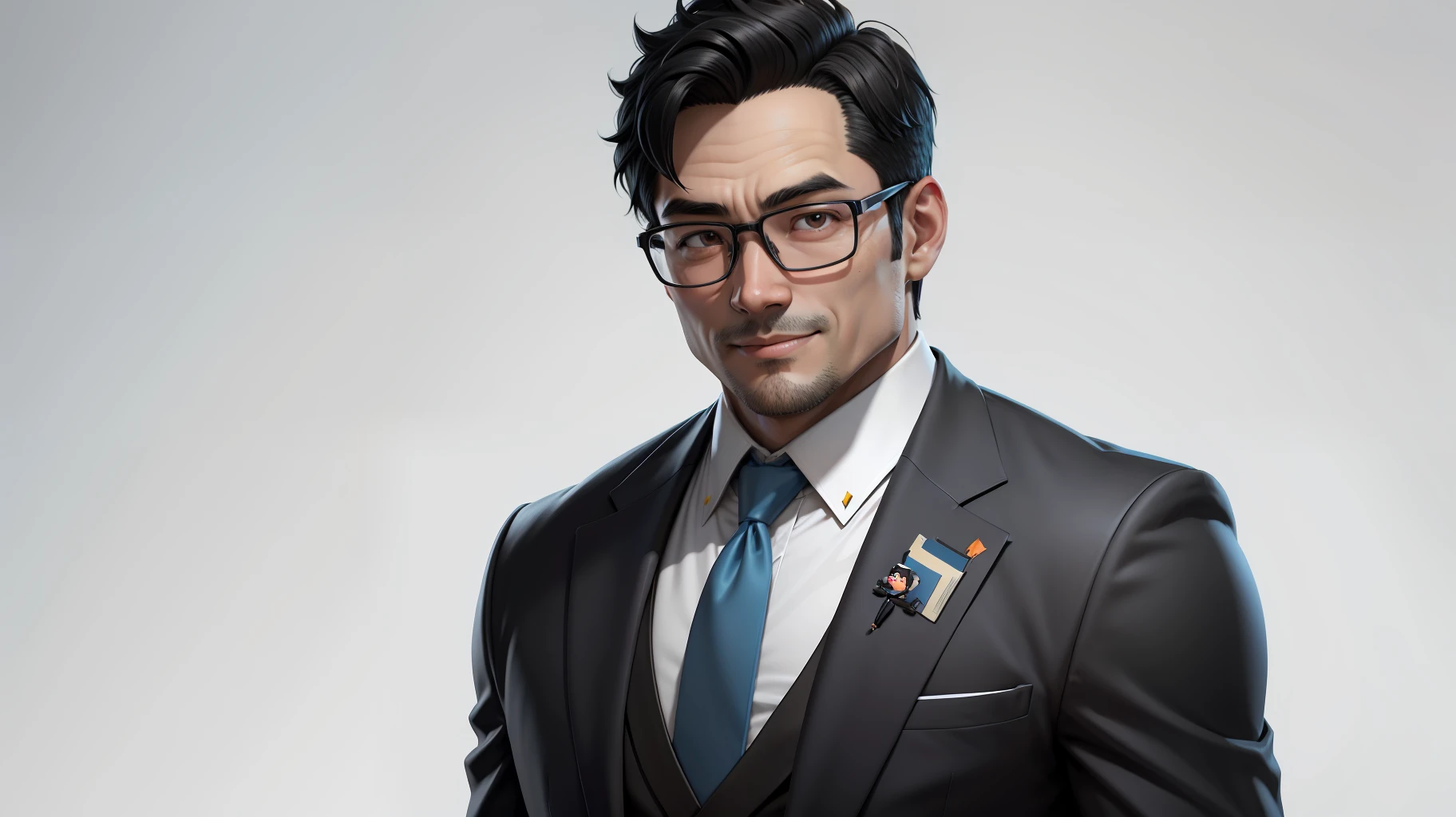 Super young, Japanese suit man, 35 years old, silver glasses, slightly chubby face, clean face, no beard on chin, black super short hair, black eyes, black suit, blue tie, confident smile, digital painting, film, 3D character design by Mark Claireden and Pixar and Hayao Miyazaki, the illustration is a high-definition illustration in 4K resolution with very detailed facial features and cartoon-style visuals.
