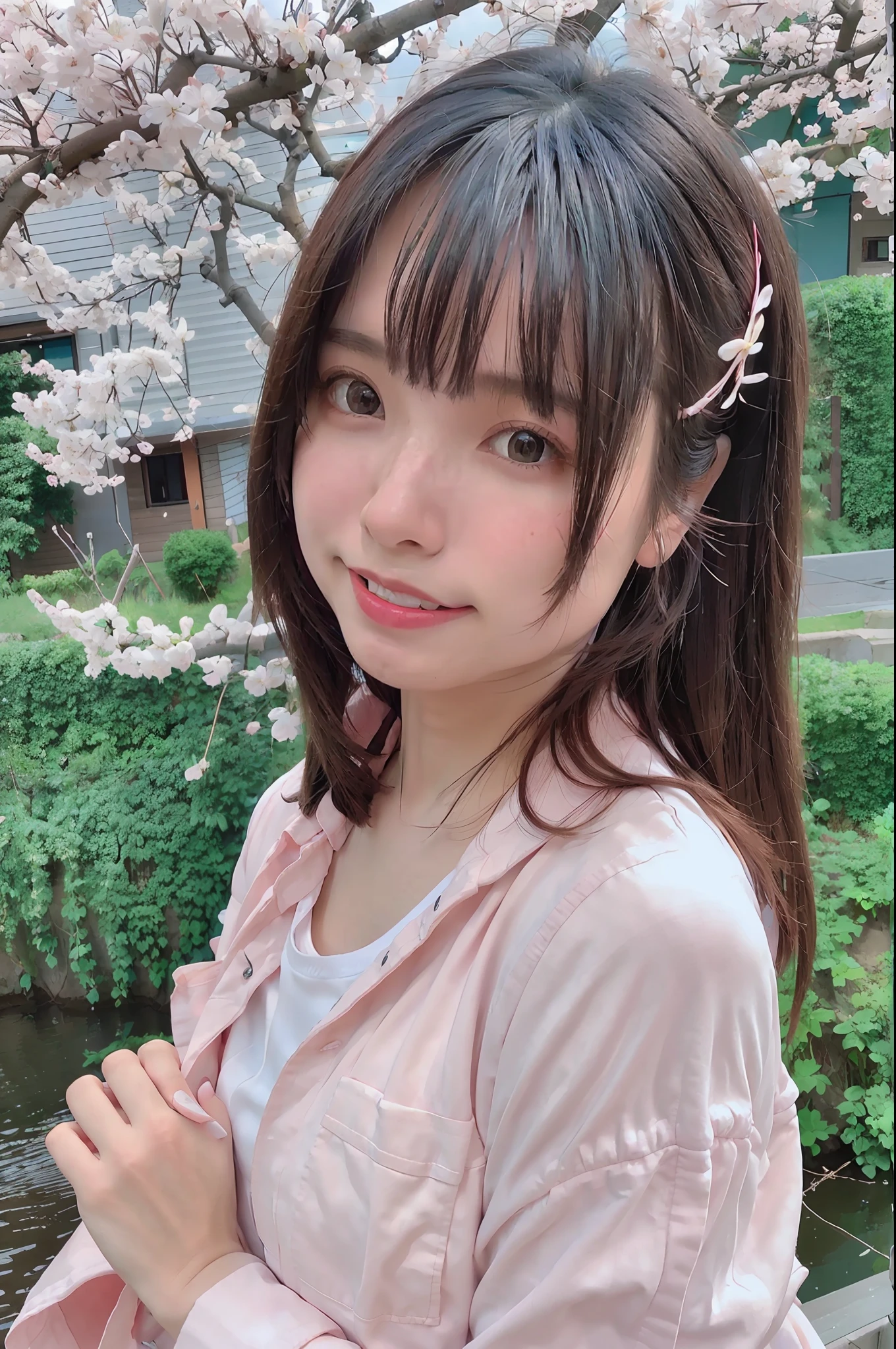 Top Quality, Ultra High Resolution, (Photoreal: 1.4), Blushing, Cute, (Detailed Face), Light Smile, Looking at the Camera, Upper Body, Japanese Clothes, Sunny, River, (Cherry Blossoms), Blue Sky, Nude