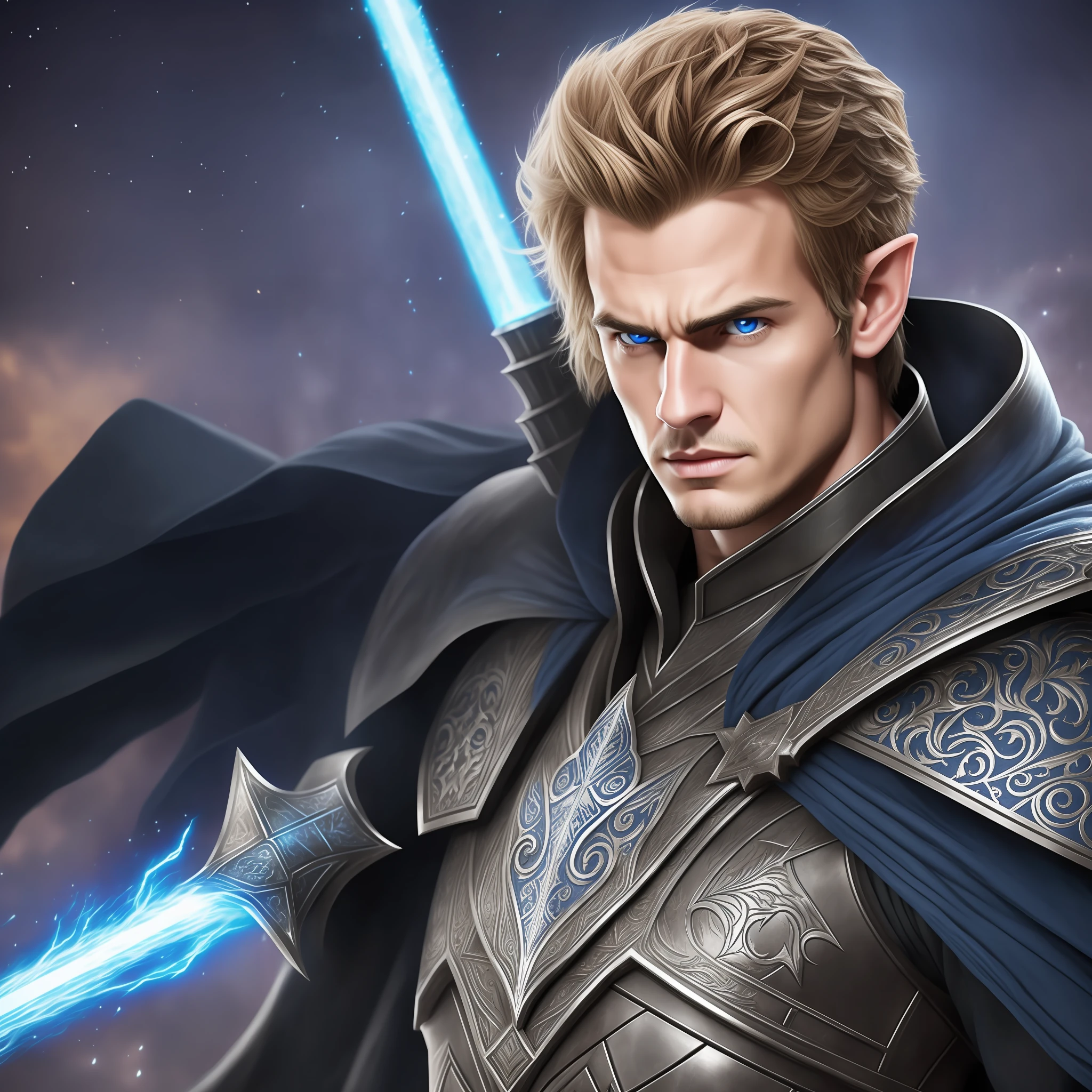 An adult elf man with blue eyes and hair equal to that of actor Hayden Christensen he has a serious expression, this one wearing heavy armor and with a long black cape. It carries a magic greatsword