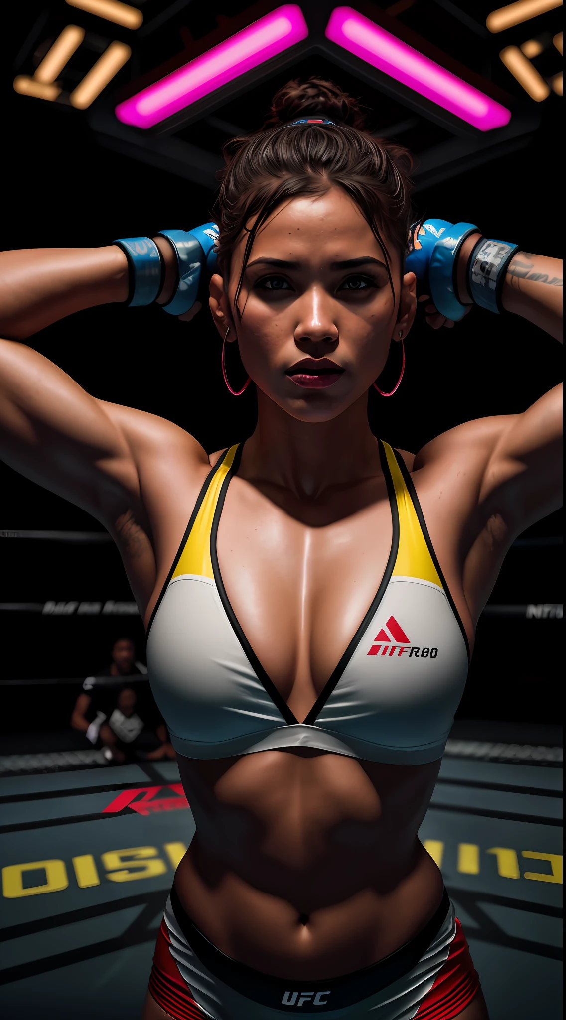 Masterpiece, ufc fighter woman, white outfit, in a cage bustling with neon signs, cyberpunk aesthetics, very detailed lighting, dramatic, digital art trend in Artstation 8k HD high definition detailed realistic, detailed, skin texture, hyper detailed, realistic skin texture, armor, best quality, ultra high res, (photorealistic: 1.4), high resolution, detailed, Raw photo, Sharp Re,  by Lee Jeffries Nikon D850 Film Stock Photography 4 Kodak Portra 400 Camera F1.6 Lens Rich Colors Hyper Realistic Realistic Texture Dramatic Lighting UnrealEngine trend in ArtStation Cinestill 800