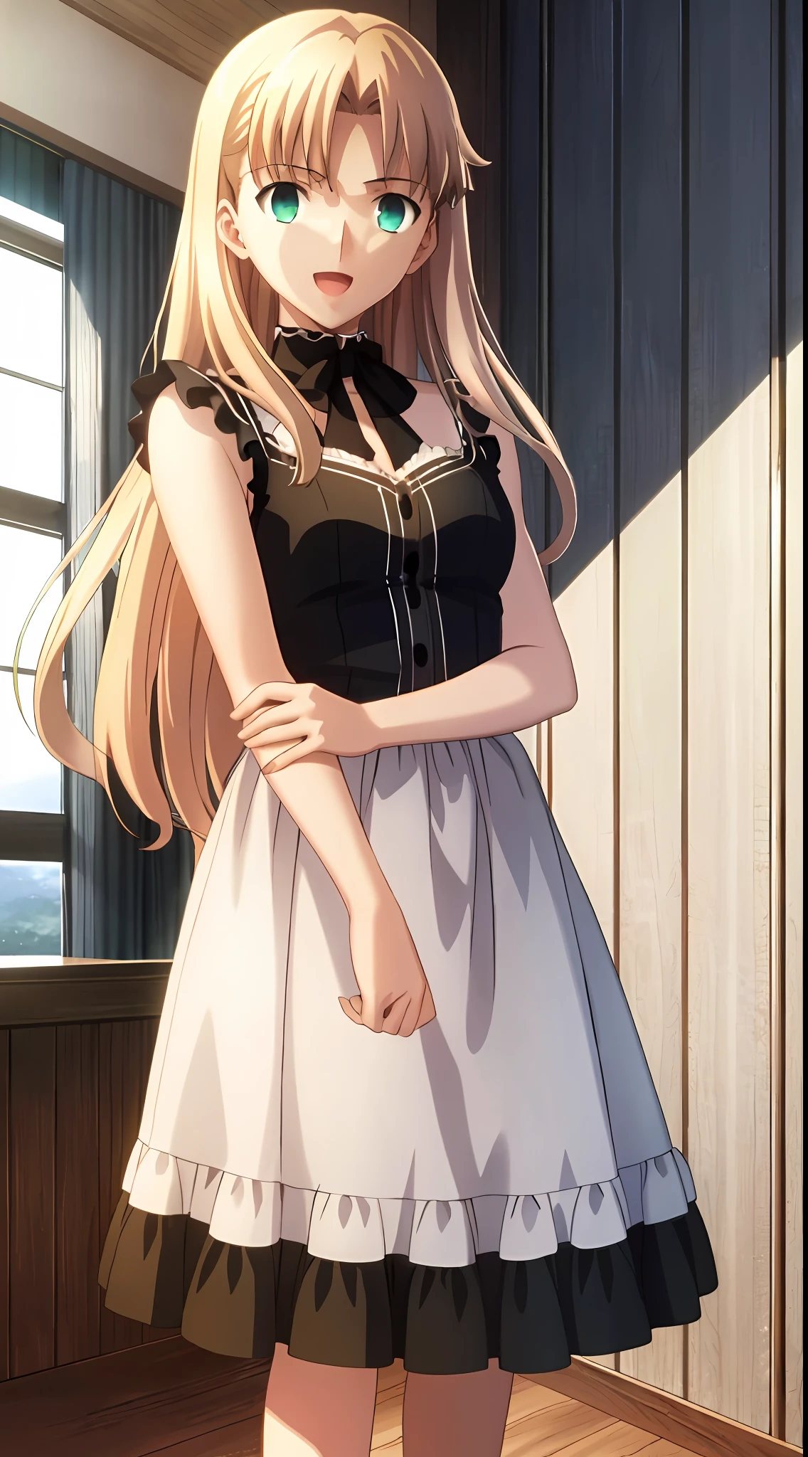 (masterpiece, best quality, ultra resolution, high-res, ufotable screen cap, official art, closeup), 1girl, solo, blonde very long hair, green eyes, detailed eyes, beautiful detailed eyes, detailed hands, sleeveless white shirt, black skirt, (small breasts, :1.2), open mouth, big smile, happy, cute, looking at viewer, indoors, very very cute