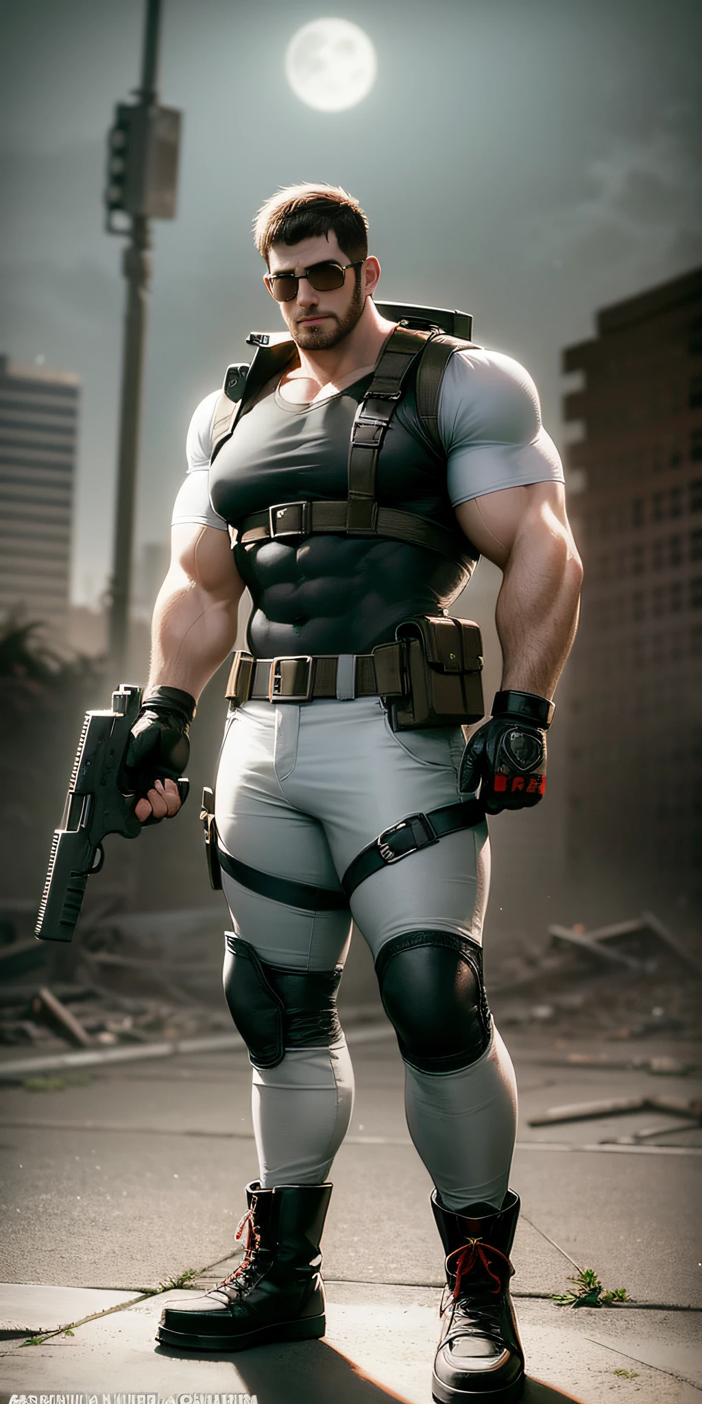 Movie poster, character design (Resident Evil - Chris Redfield, Chris Redfield) wearing a milky white combat uniform, standing alone in the ruins of the apocalypse, with a sad expression, muscular male hero, heroic male pose, tall and burly, muscular! Wearing sunglasses, sexy charming muscular leg muscles, tall burly, creamy white combat suit, super gain and cool, high resolution committee, cream white combat boots, attractive strong male, bright moonlight on the body, lonely