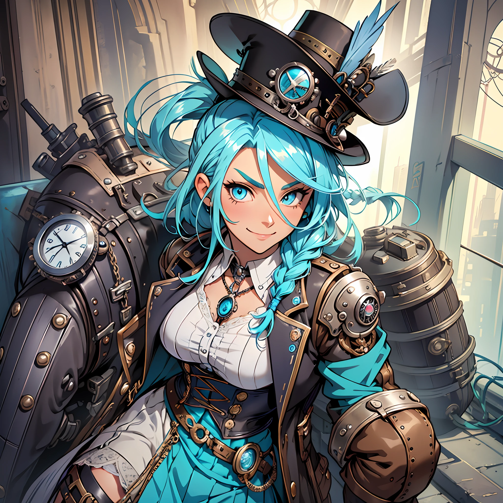Sky-blue hair, silver locks, side braid, turquoise eyes, steampunk style, lace corset and skirt, pastel shades, metallic elements, gears, high leather boots, feathered hat, pocket watch, radiant smile, curious look, arched eyebrows, cheerful and optimistic, witty and creative, adventurous spirit, female anime character.