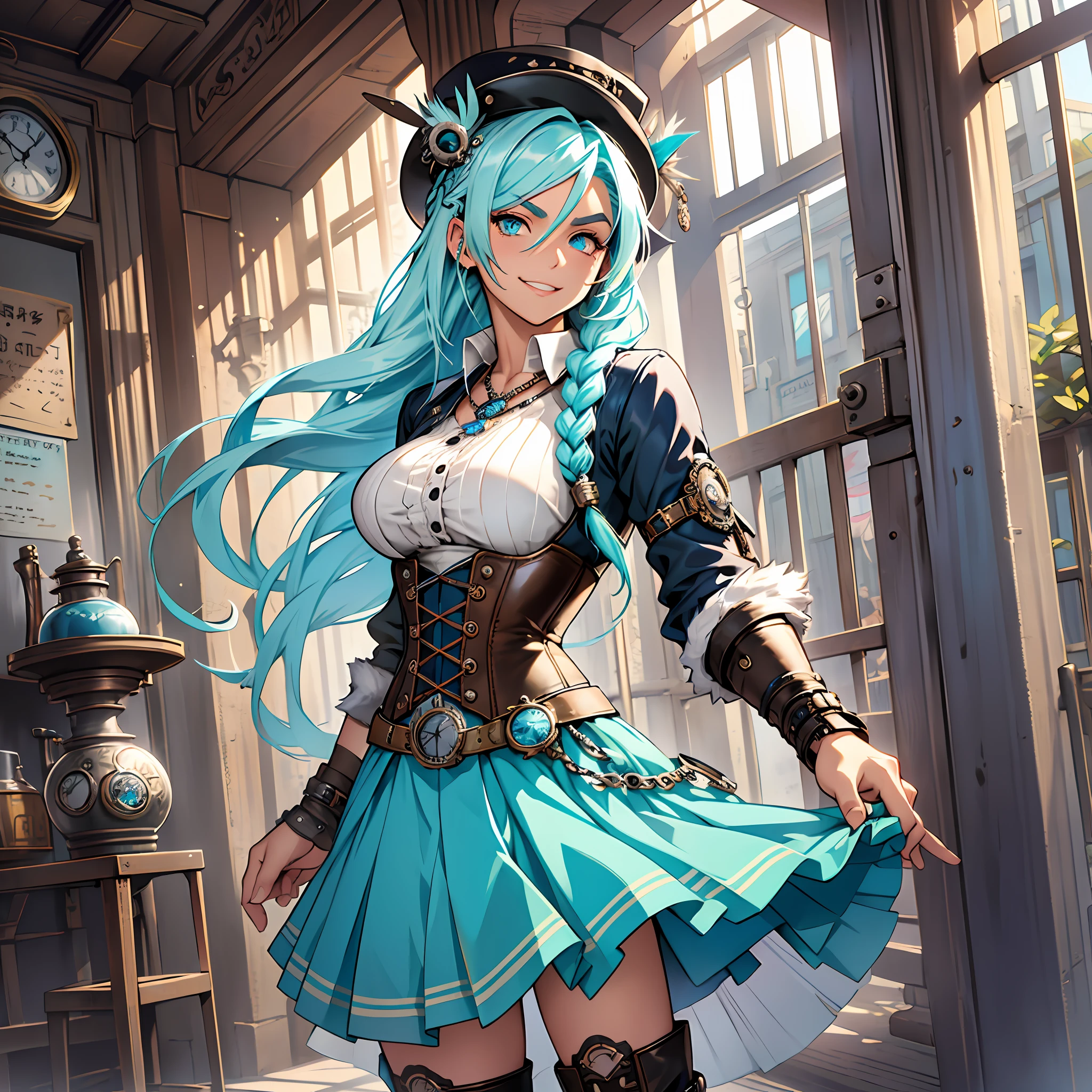 Sky-blue hair, silver locks, side braid, turquoise eyes, steampunk style, lace corset and skirt, pastel shades, metallic elements, gears, high leather boots, feathered hat, pocket watch, radiant smile, curious look, arched eyebrows, cheerful and optimistic, witty and creative, adventurous spirit, female anime character.