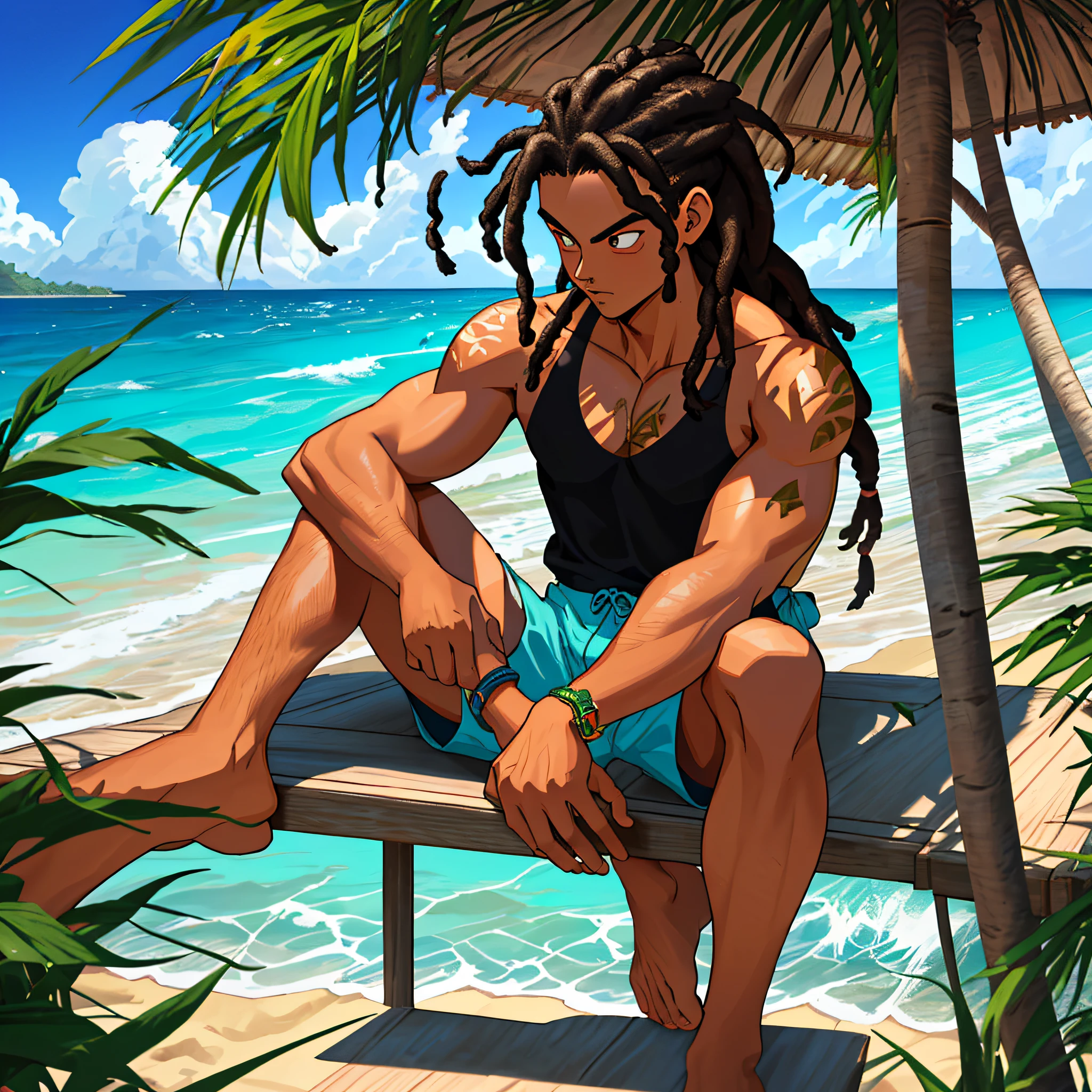 best quality, capa de mangá classica, (titulo a cima da imagem "THE LOST PARADISE") serious,Summer, sun, beach, coconut palms, swell sea, nature, light blue sky, island paradise, big waves, surfer surfing the big waves in the background, jovem sentado na canga na areia, junto de sua namorada, under the shade of the coconut trees, beams of light illuminating his face, luiz nos olhos, cabelo longo negro com dreads, cabelo ondulado, pele bronzeada, garota linda de pele preta e cabelo cacheado de bikini ao seu lado, casal se beijando, homem e mulher, smoking a marijuana cigarette burning the ember releasing the smoke up, Thoughtful, looking down, black tank top, black surf shorts with coconut print details, anime style, dragon ball z, hunter x hunter, sand particles and sea air in the air, mystical, mysterious, natural atmosphere, sitting on the stone with moss and vegetation, flowers, boards buried in the sand of the beach in the background, cabana de palha ao fundo, ilha paradisiaca, magia, arte incrivel, de tirar o folego, sol