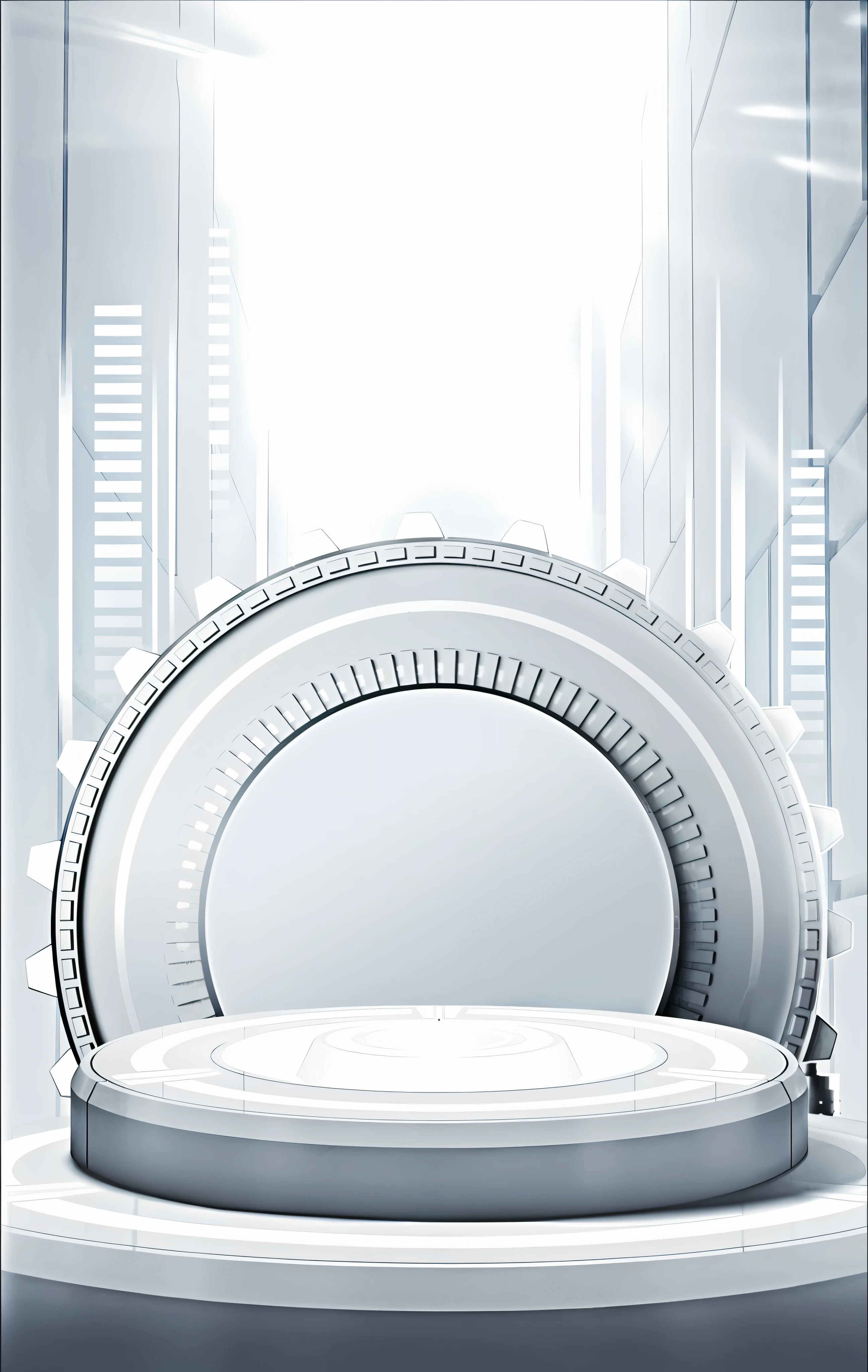 In a room with lots of windows there is a large round object, factory background, random background scene, clean white lab background, round background, futuristic room background, technology ring, metropolis background, futuristic environment, industrial background, futuristic city background, futuristic production facility, silver background, background is white, spaceship corridor background, gray warehouse background, stage background, background art, pastel, poster style