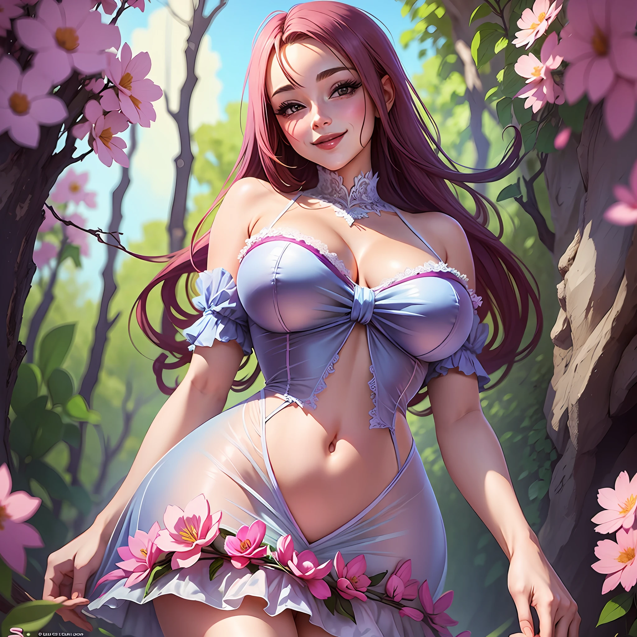 French beauty surrounded by flowers, smiling, big breasts, naughty dress, like anime, very cute --auto --s2