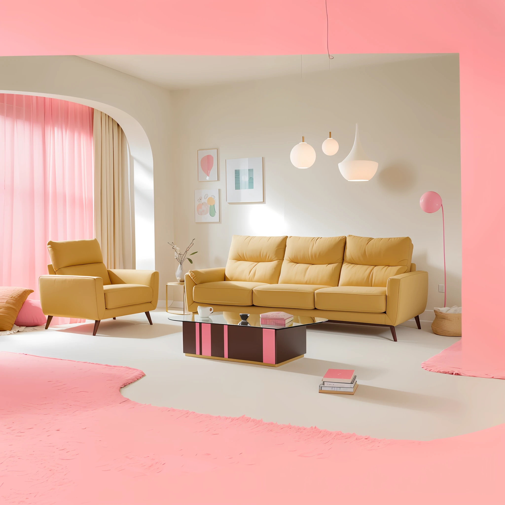 there is a living room with a couch, chair, and coffee table, warm colored furniture, warm pink living room, furniture and decor, bright happy atmosphere, cream - colored room, designed for cozy aesthetics!, brown and pink color scheme, eora, some sandy yellow pillows, warmer and softer colours, magical scene, elegant furniture, cheerful atmosphere, living room background