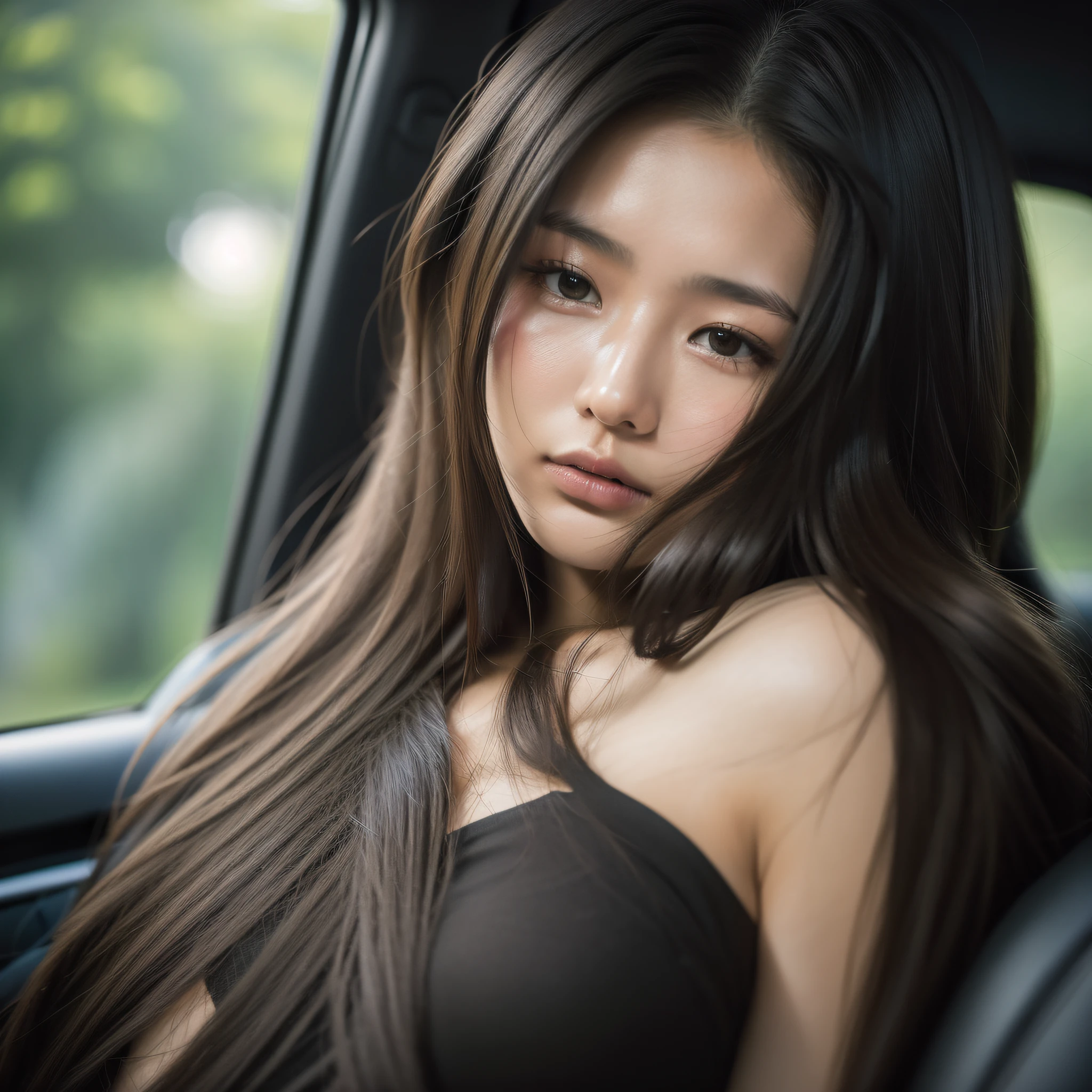 a 20 yo woman,long hair,dark theme, soothing tones, muted colors, high contrast, (natural skin texture, hyperrealism, soft light, sharp),simple background, tall, 170cm, sexy, in the car