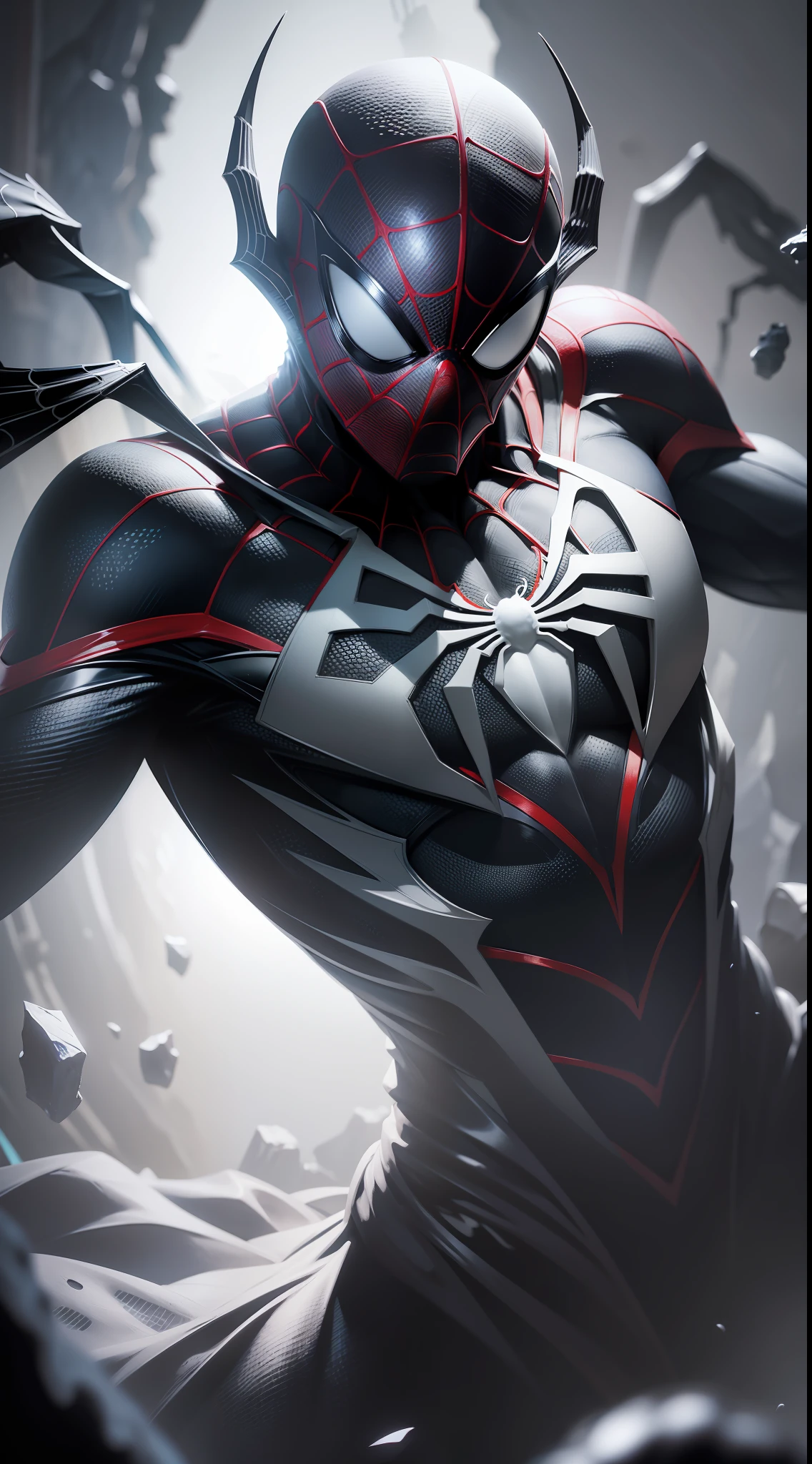 Spider Man in a black outfit with spider in the center of his chest in white, organic looking outfit, gooey testure, symbiote, cinematic scene, highly detailed, cinematic rendering, ultra photorealistic raytricing, with cinematic lighting