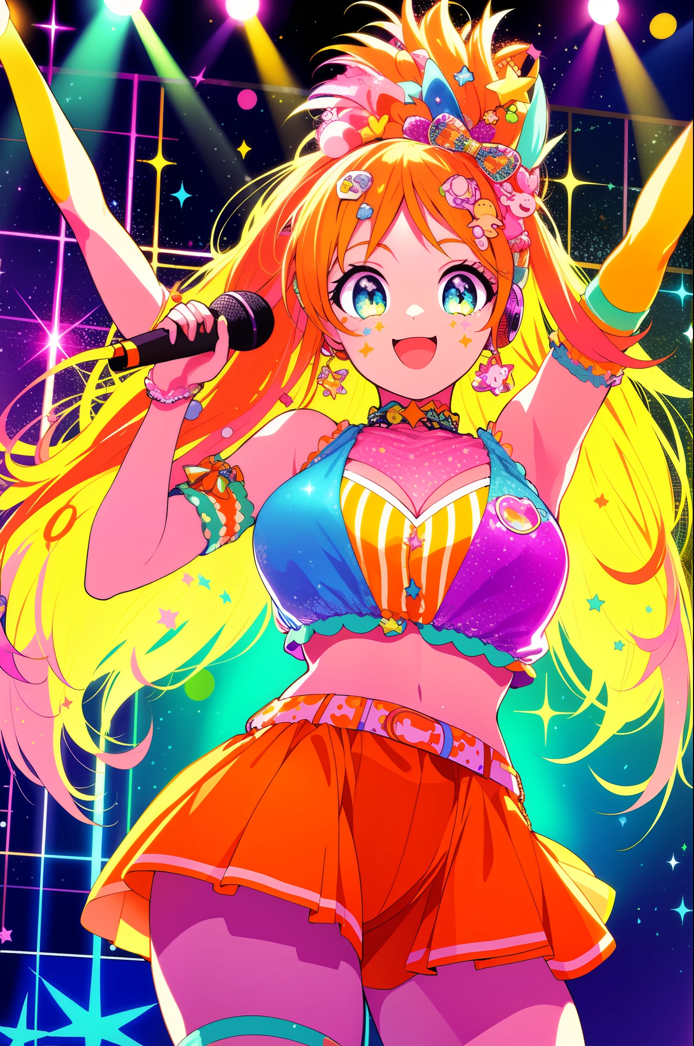 (magical)decora, atmosphere, (brightly lit) stage, (disco ball) shining, (1girl) standing, (holding microphone), (cute) expression, (orange citrus) theme outfit, (music notes) flying, (concert) crowd cheering.(80s pop, citypop),
