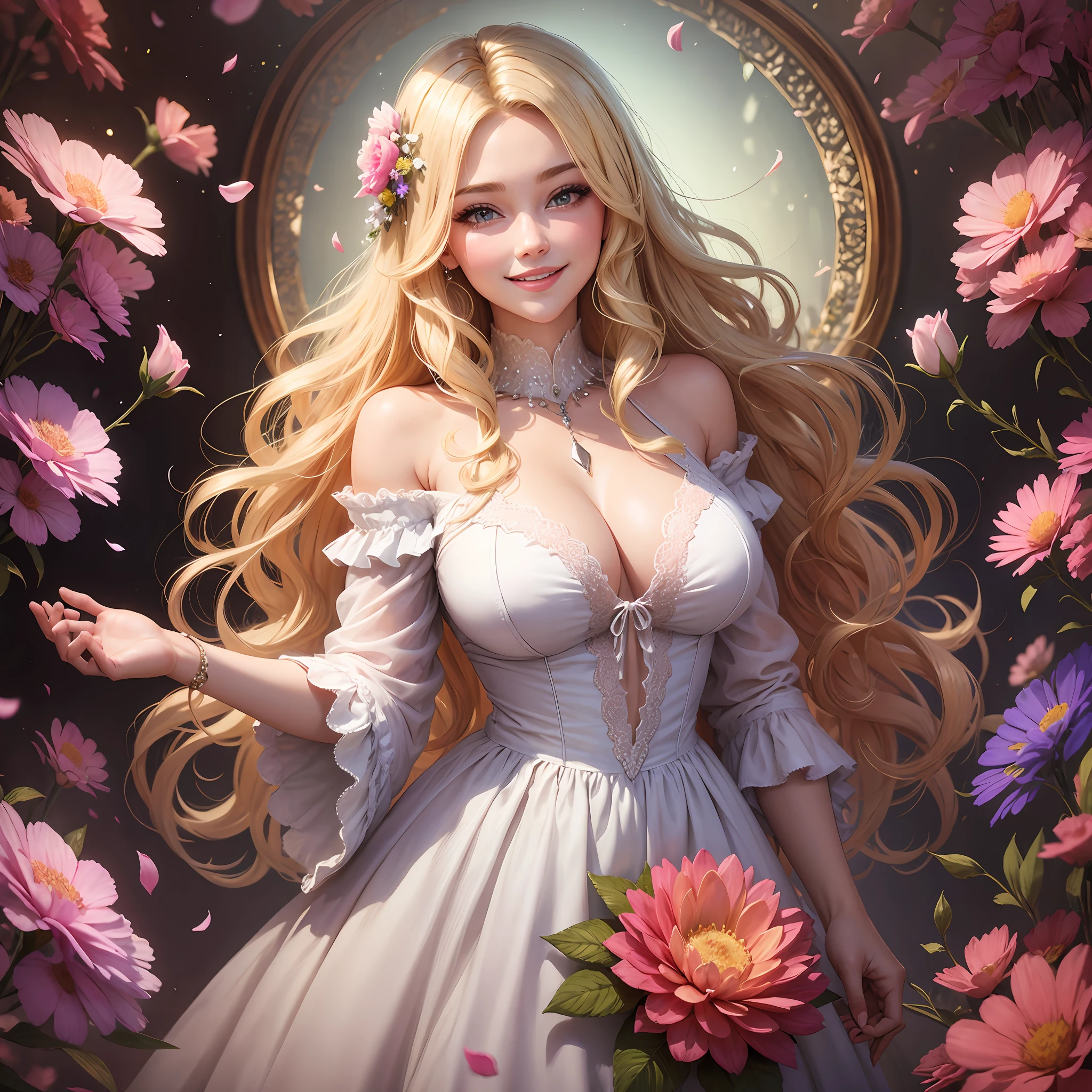Blonde beauty, big, dress with open chest, glittering, smiling, surrounded by flowers, --auto --s2