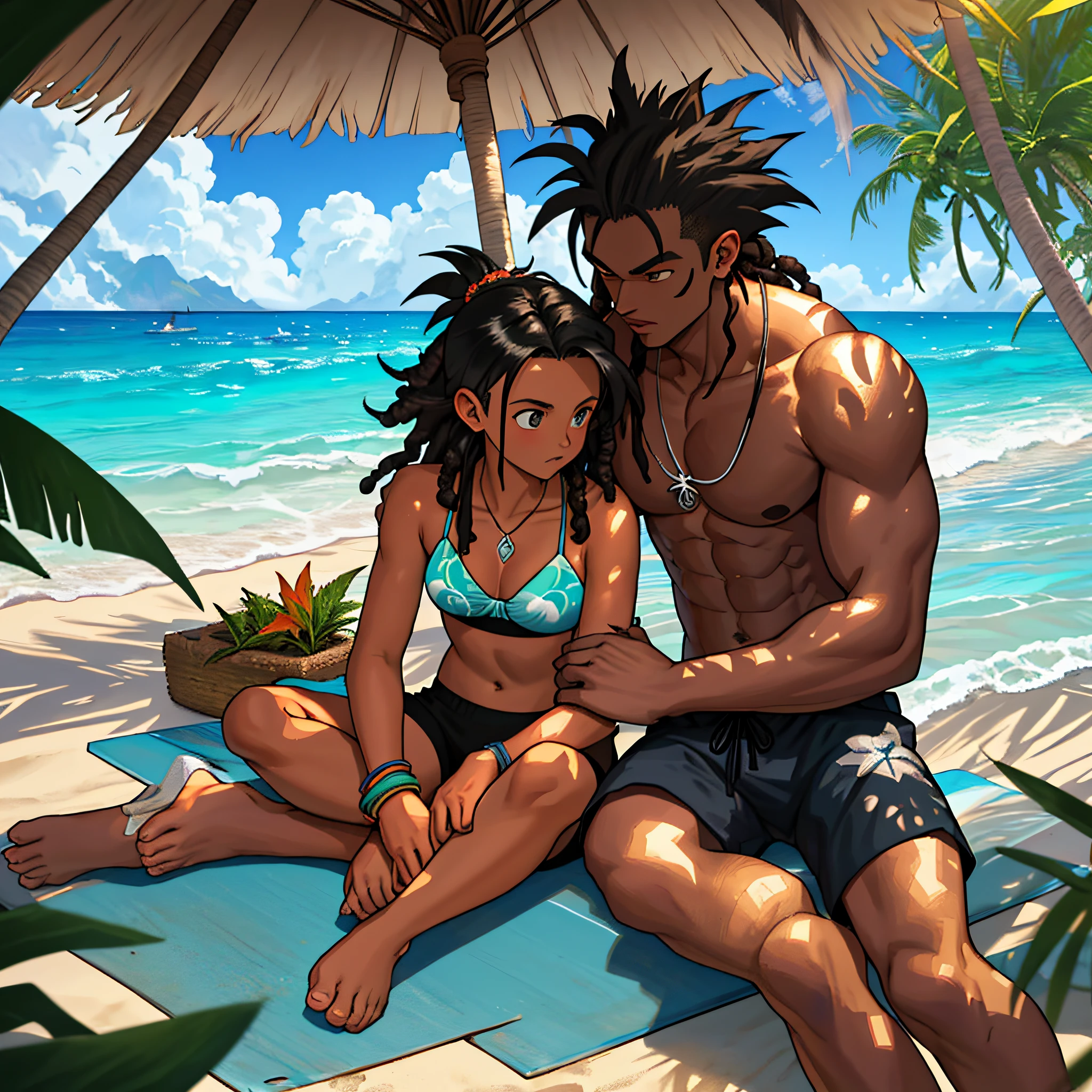 best quality, serious,Summer, sun, beach, coconut palms, swell sea, nature, light blue sky, island paradise, big waves, surfer surfing the big waves in the background, jovem sentado na canga na areia, junto de sua namorada, under the shade of the coconut trees, beams of light illuminating his face, luiz nos olhos, cabelo longo negro com dreads,  cabelo ondulado, pele bronzeada, garota linda de pele preta e cabelo cacheado de bikini ao seu lado, casal se beijando, homem e mulher, smoking a marijuana cigarette burning the ember releasing the smoke up, Thoughtful, looking down, black tank top, black surf shorts with coconut print details, anime style, dragon ball z, hunter x hunter, sand particles and sea air in the air,  mystical, mysterious, natural atmosphere, sitting on the stone with moss and vegetation, flowers, boards buried in the sand of the beach in the background, cabana de palha ao fundo, ilha paradisiaca, magia, arte incrivel, de tirar o folego, sol