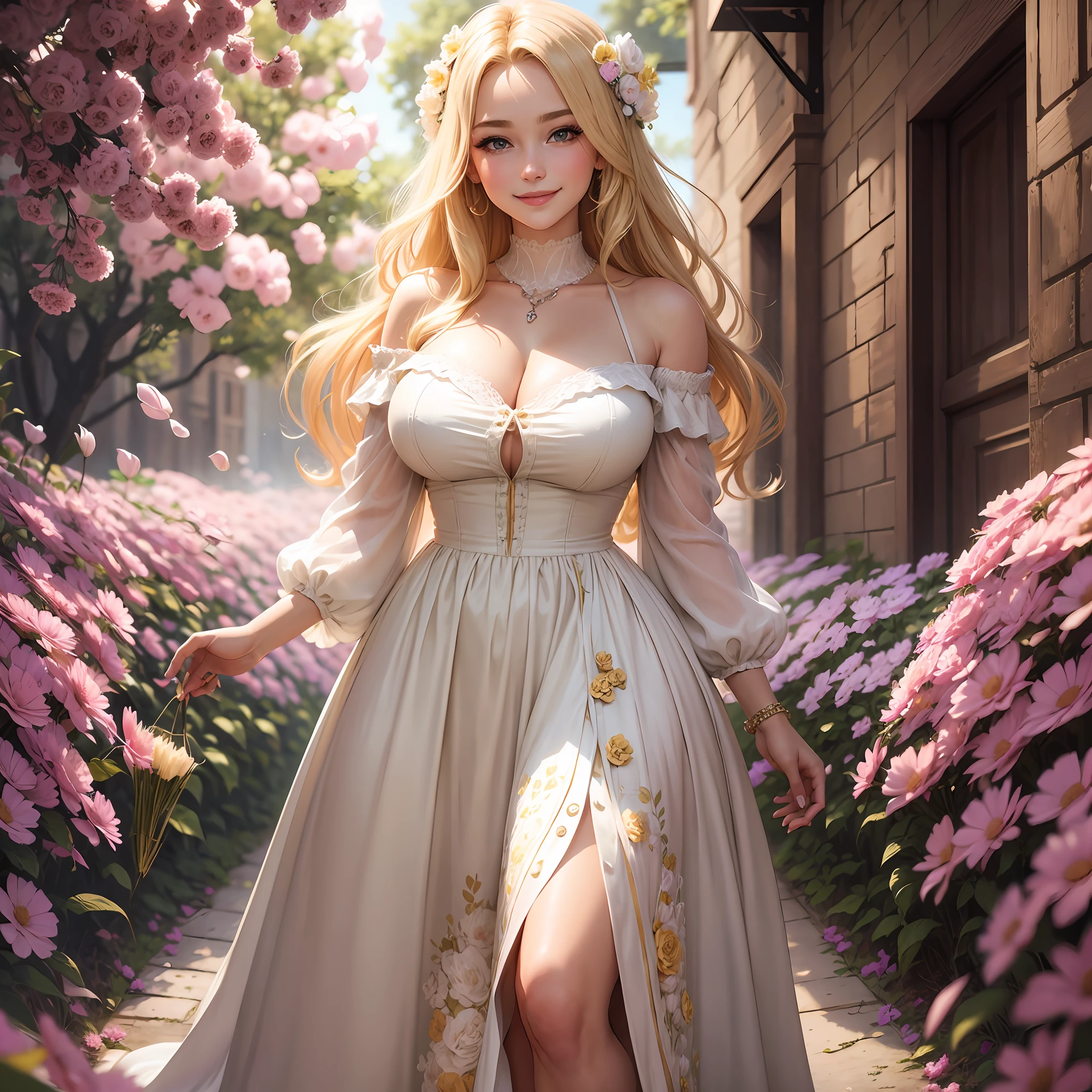 Blonde beauty, big, dress with open chest, glittering, smiling, surrounded by flowers, --auto --s2