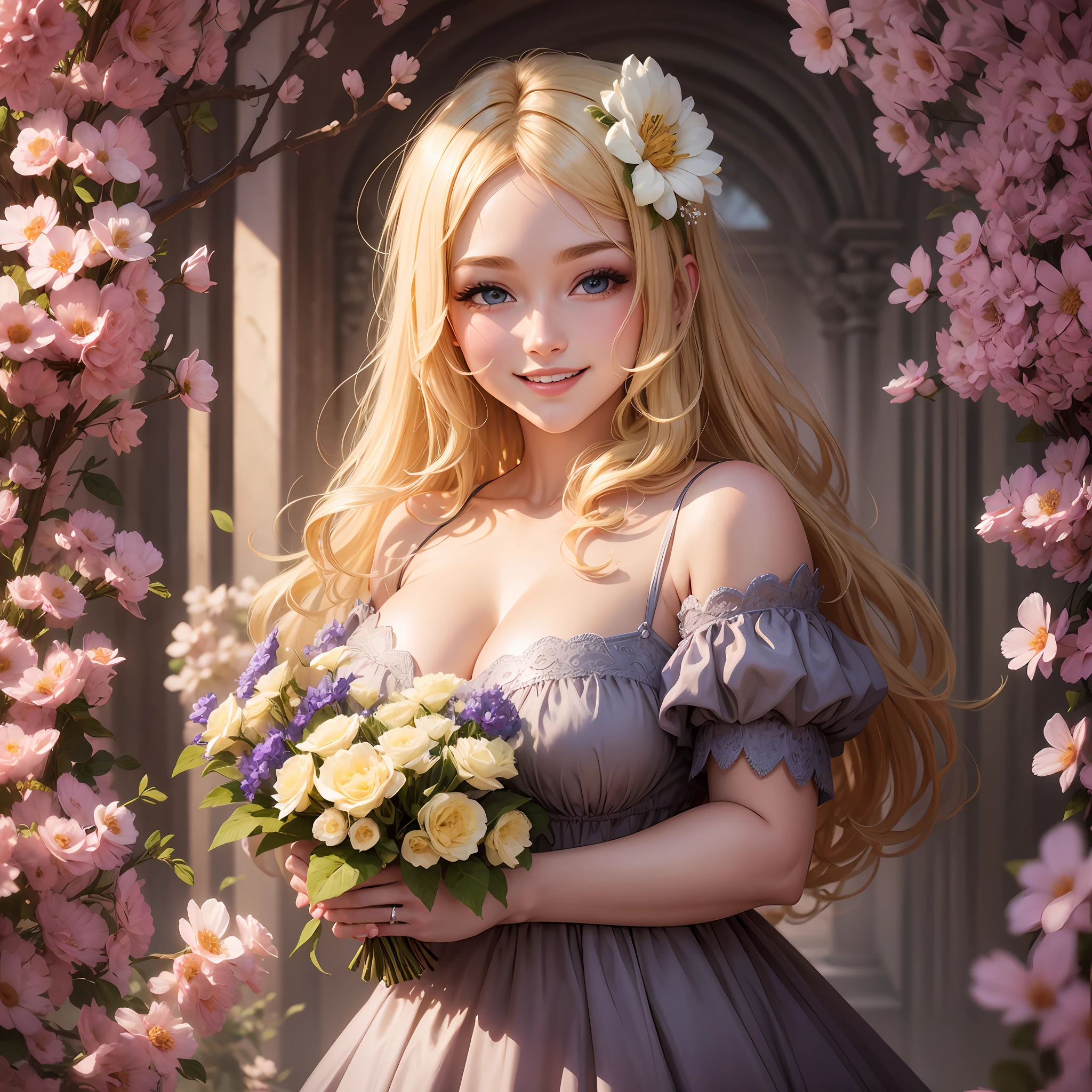 Blonde beauty, big, dress with open chest, glittering, smiling, surrounded by flowers, --auto --s2