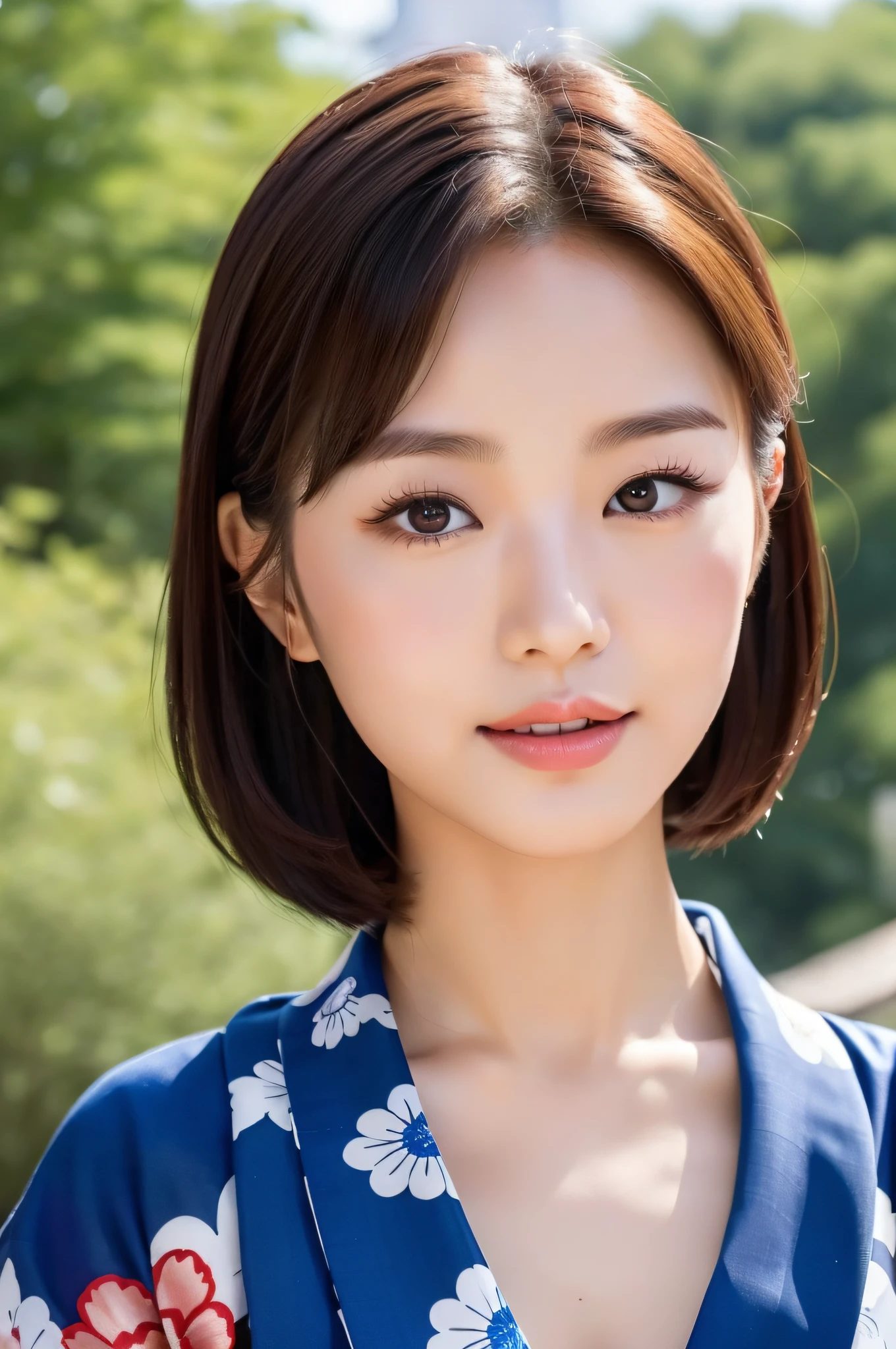 ((Top Quality, 8K, Masterpiece: 1.3)), Sharp Focus: 1.2, (Super Beautiful Face: 1.0), (Slender Abs Beauty: 1.0), (Shiny Skin: 1.0), Realistic Photography, Black Hair, Realistic Pupils, Video Lighting, High Definition Eyes and Face, Video Lighting, (Cowboy Shot: 1.3), kimono, hakama, obi, (Korean Cute Actress), in nature, traditional kimono, happy, Looking at the audience, head on, medium breasts