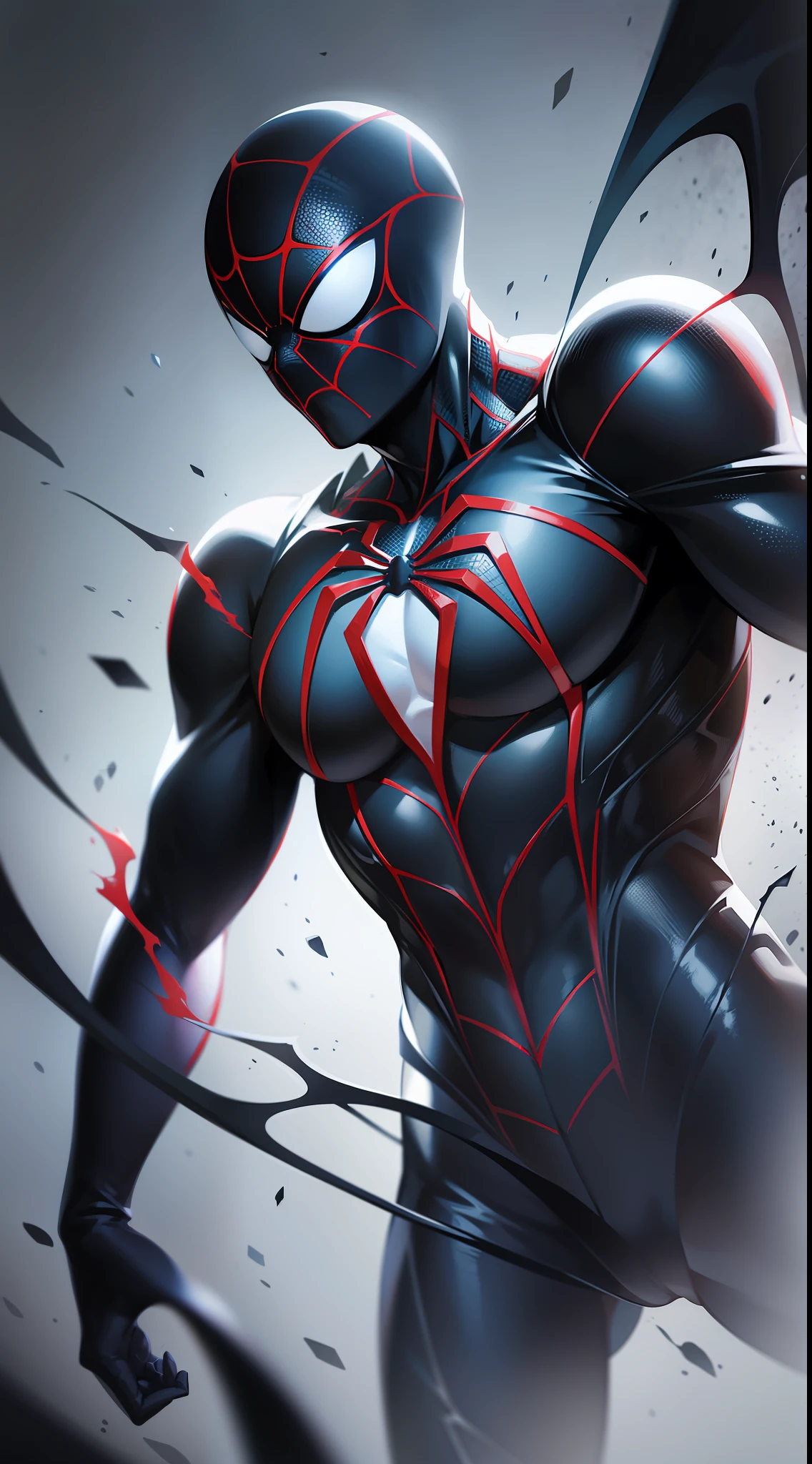 Spider Man in a black outfit with spider in the center of his chest in white, organic looking outfit, gooey testure, symbiote, cinematic scene, highly detailed, cinematic rendering, ultra photorealistic raytricing, with cinematic lighting