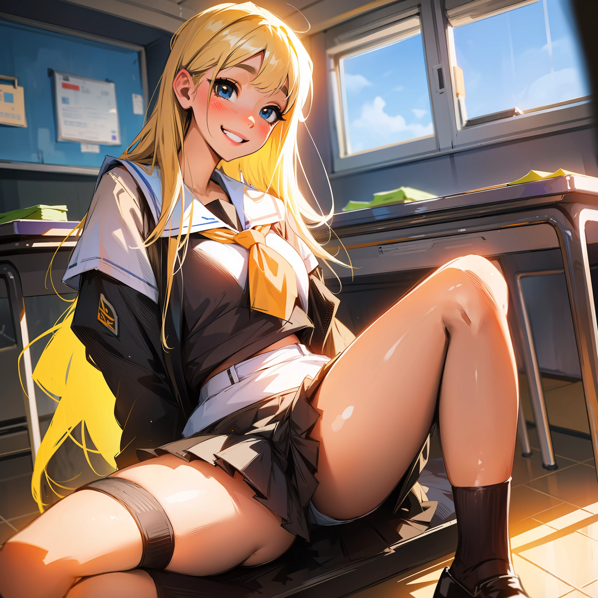miniskirt, schoolgirl, blonde long, big, smile, at school, --auto --s2