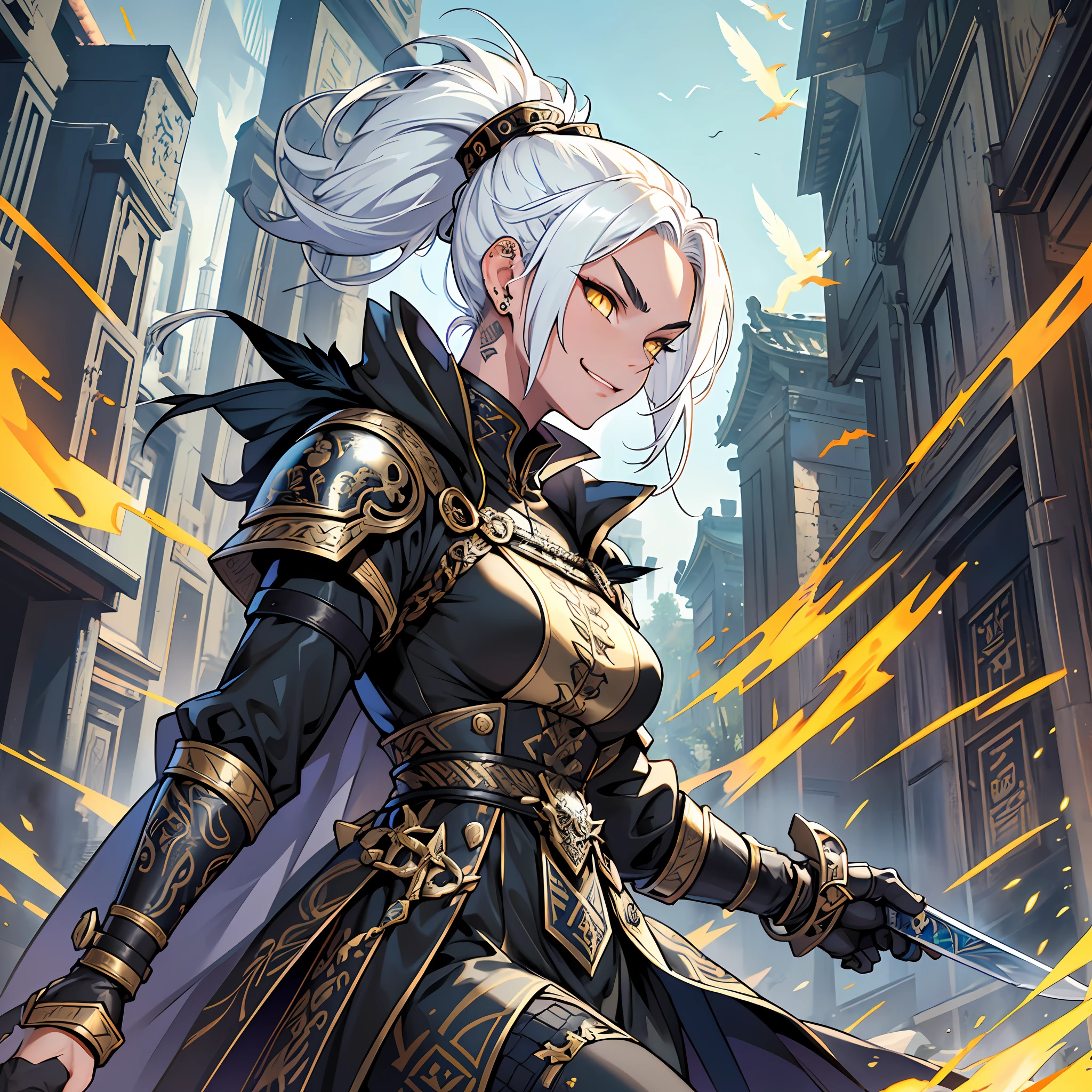 A girl, White hair, high ponytail, yellow eyes, elegant armor, futuristic, black velvet cloak, dragon boots, bird feathers, rune tattoo, piercing look, enigmatic smile, arched eyebrows, charismatic, energetic, skillful, cunning, protective, loyal, strategist, combat, powerful warrior, ancient temple, enchanted sword.