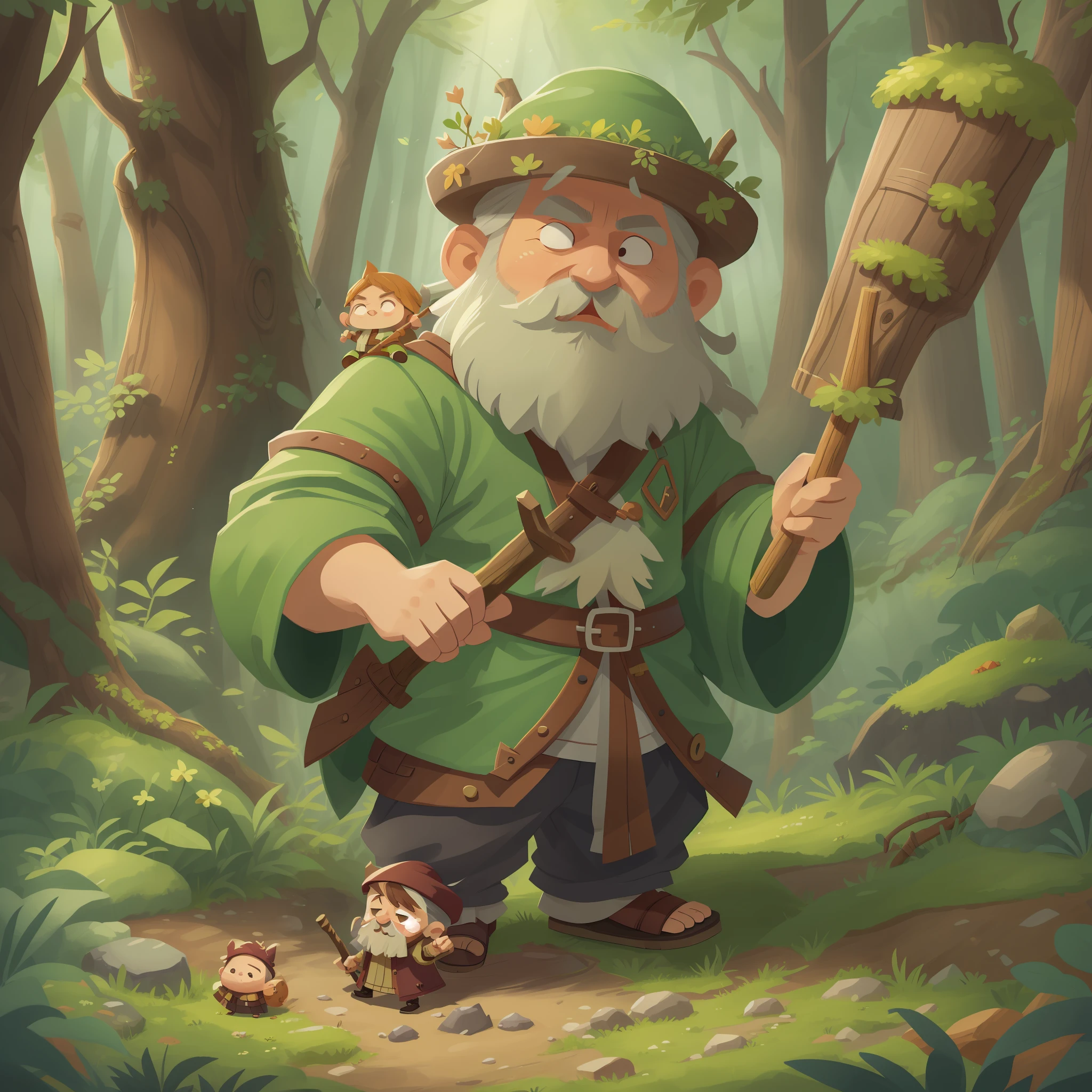 A small wizard with his chibi-style friends in the forest with white beard and wooden staff and leather sandals. Having fun in the forest with your friends cartoon