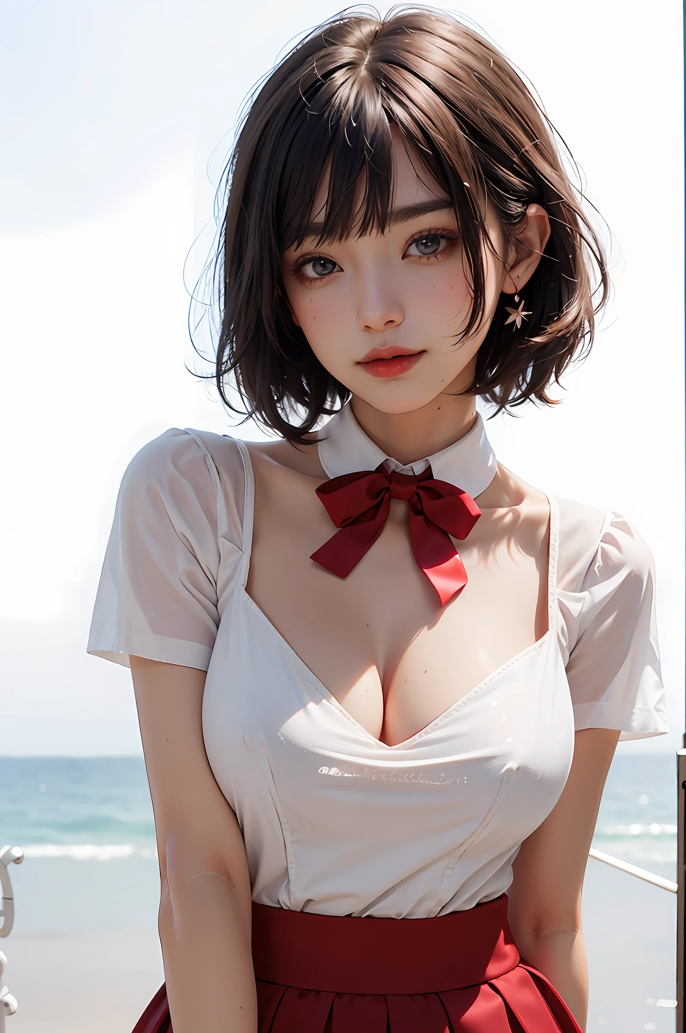 (RAW photo, best quality), (realistic, photorealistic: 1.2), close-up portrait photo, one woman, white background, nothing background, smile, (high definition skin: 1.4), big eyes, clear double eyelids, clear eyes, short hair, gorgeous hair, bangs, dark brown black hair, white transparent shirt and red bow tie, chest, big breasts, deep cleavage, Bright red pleated skirt, soft lighting, high quality, gloss on skin, gloss on chest, gloss on lips, gloss on face, fair skin, great charm with transparency, ears out, highlights in the eyes, moderate breeze