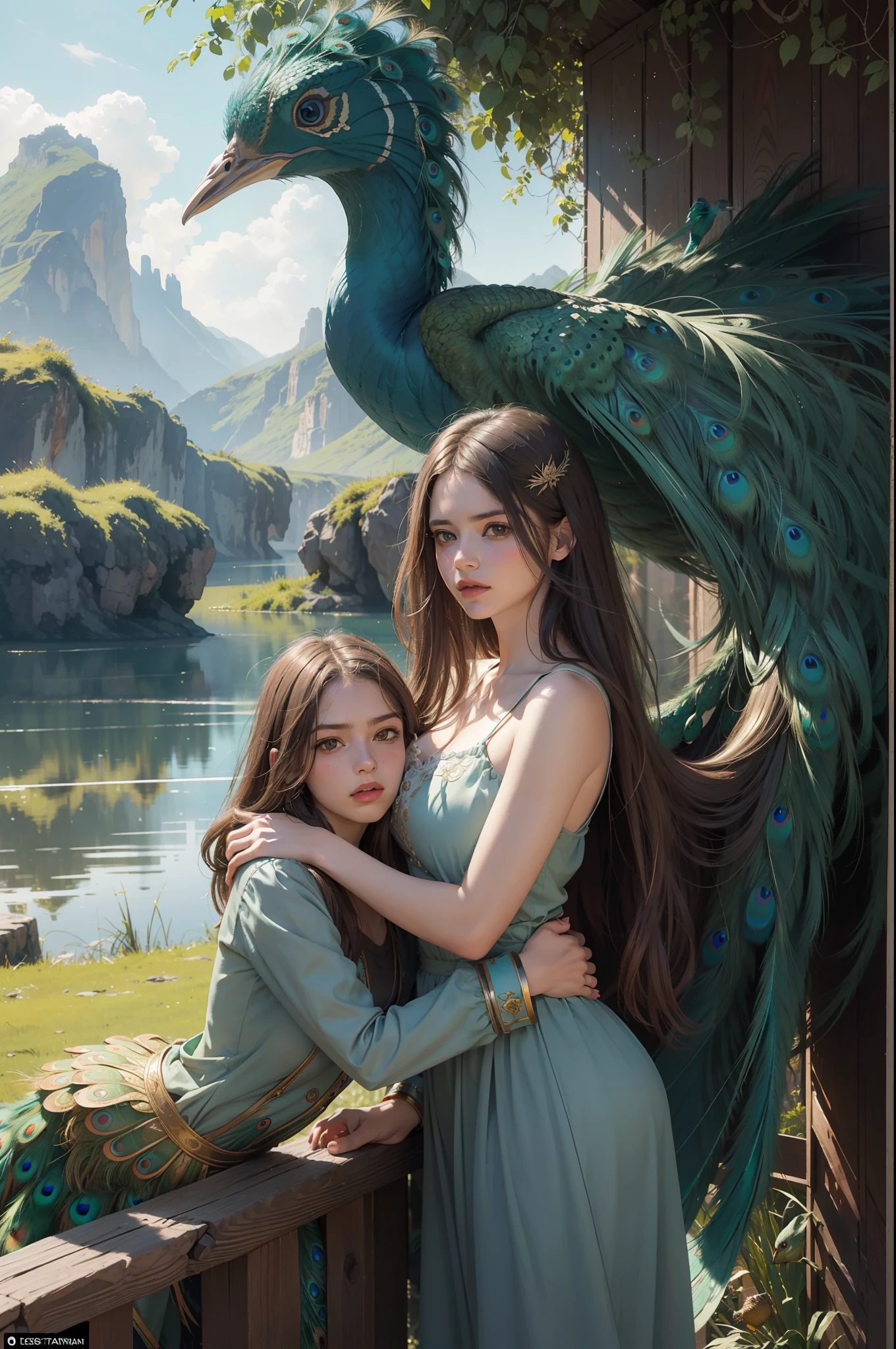 fantastic realism, masterpiece, super detailed, 1 beautiful girl, hugging a giant peacock, plain, background lake, detailed background, (top quality, Alessandro Casa Grande, Greg Rutkowski, Sally Mann, concept art, 4k),