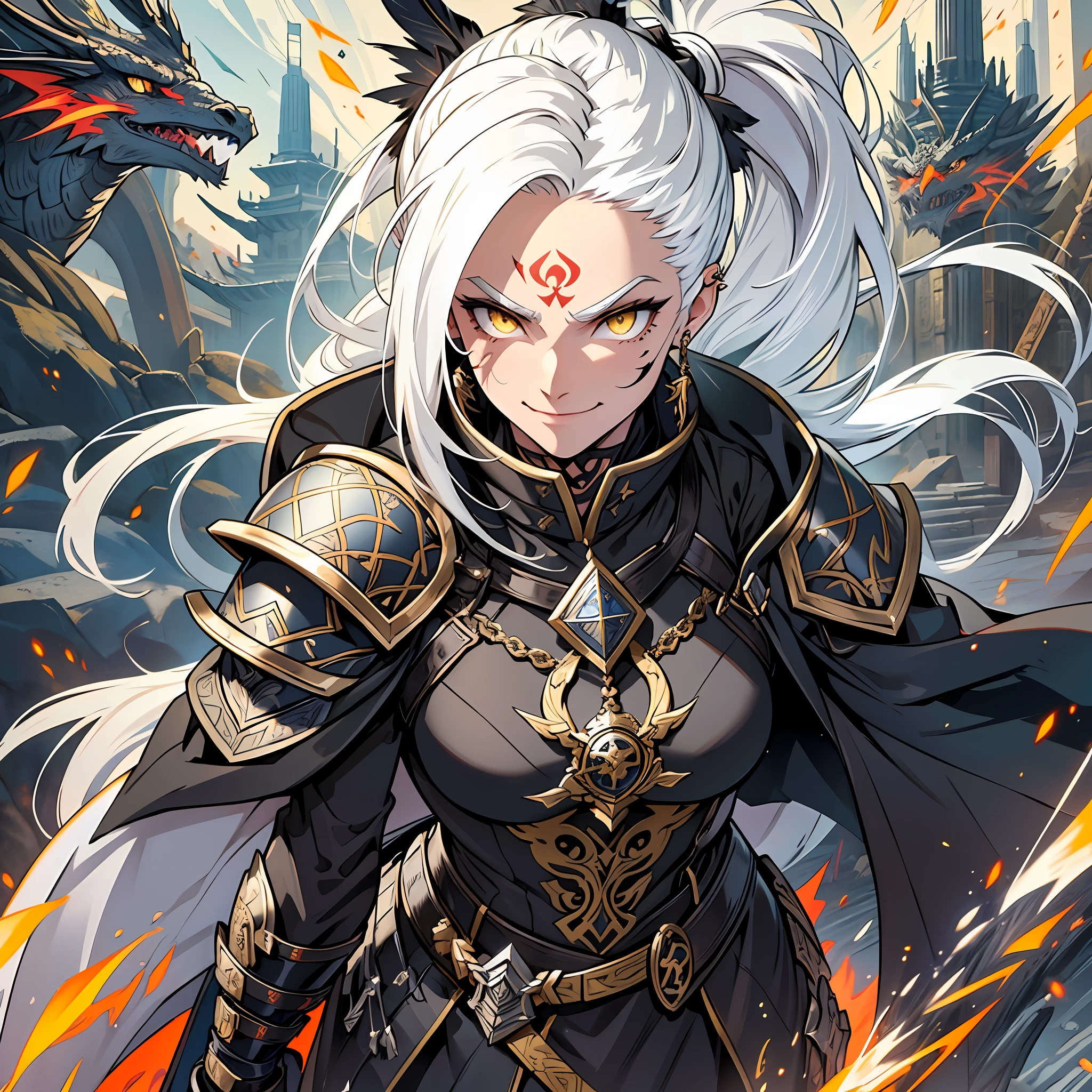 A girl, White hair, high ponytail, yellow eyes, elegant armor, futuristic, black velvet cloak, dragon boots, bird feathers, rune tattoo, piercing look, enigmatic smile, arched eyebrows, charismatic, energetic, skillful, cunning, protective, loyal, strategist, combat, powerful warrior, ancient temple, enchanted sword.