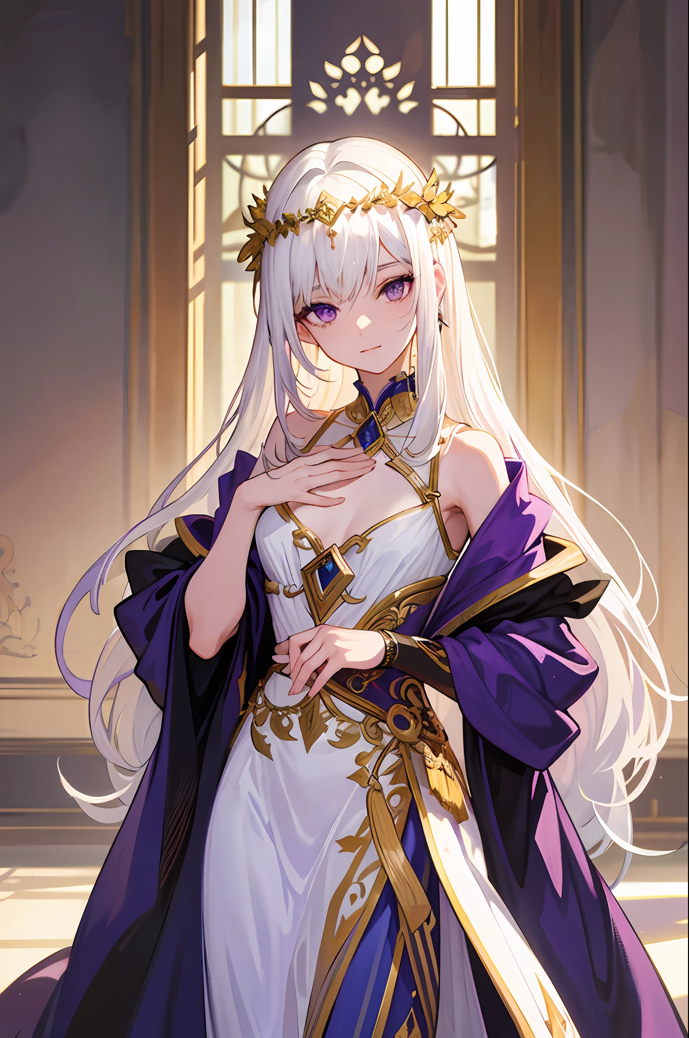 Masterpiece, best work, highest detail, white hair, long hair, purple eyes, beautiful eye detail, Greek goddess costume, full costume, beautiful costume detail, beautiful light and shadow detail, flat chest.