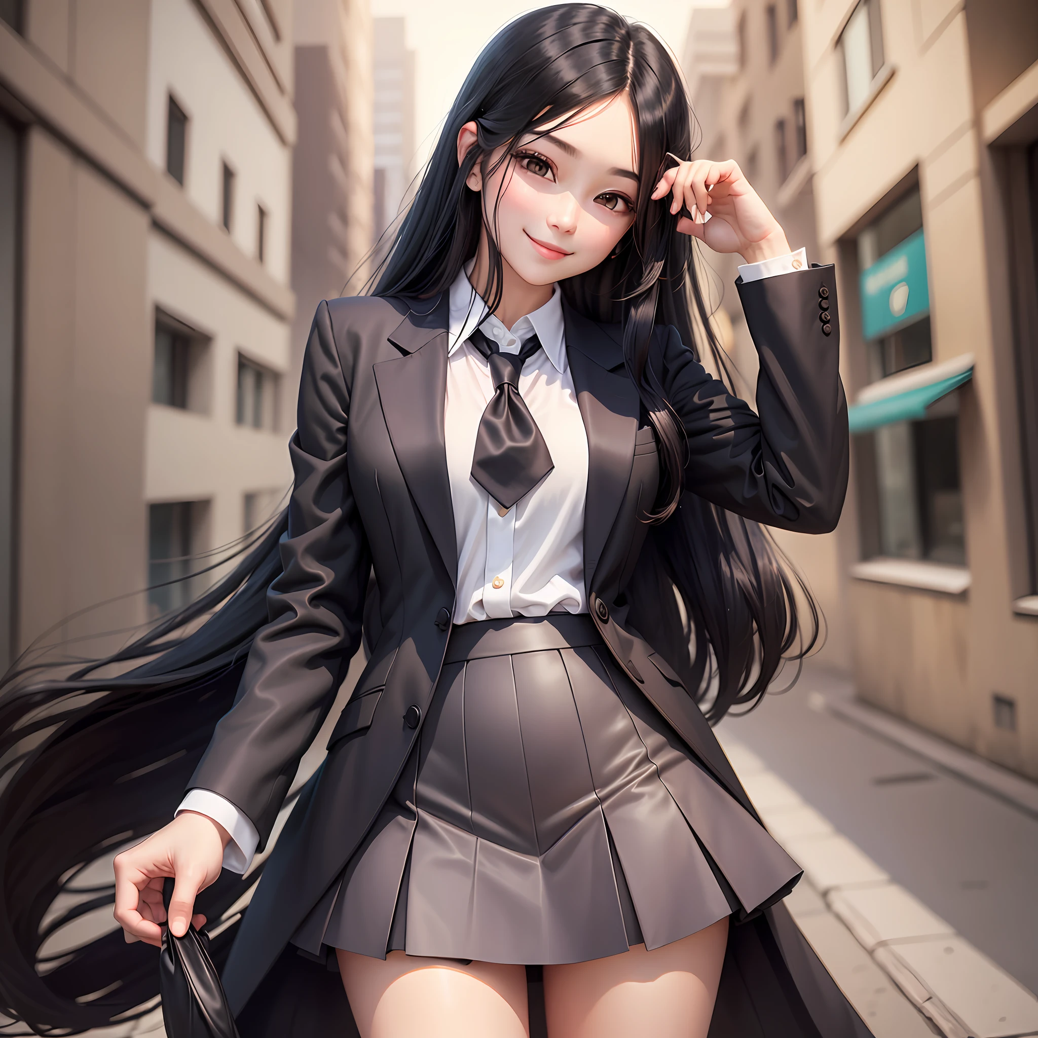 Neat, long black hair, big, in a suit, short skirt, smiling, cute, beautiful girl, --auto --s2
