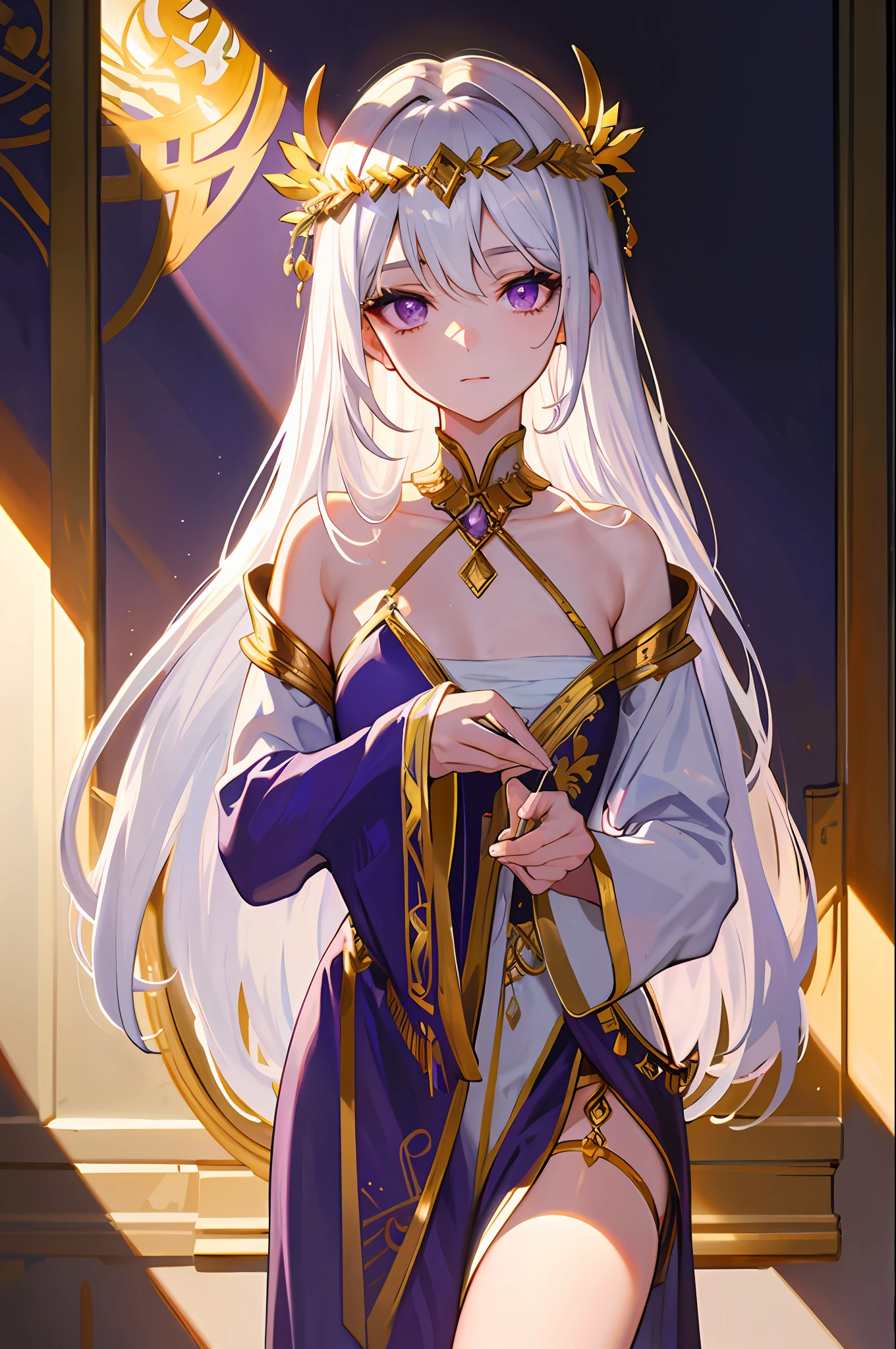 Masterpiece, best work, highest detail, white hair, long hair, purple eyes, beautiful eye detail, Greek goddess costume, full costume, beautiful costume detail, beautiful light and shadow detail, flat chest.