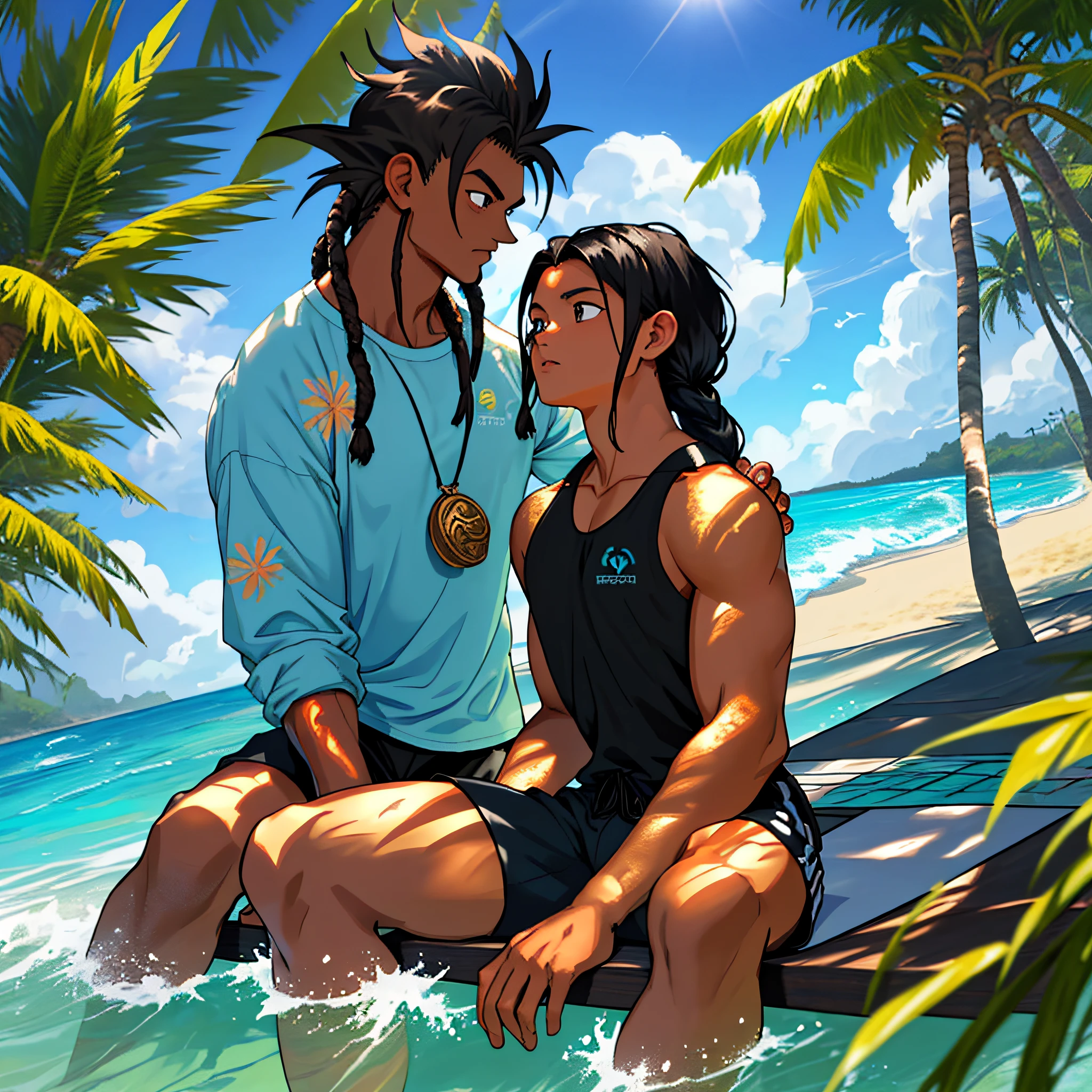 best quality, serious,Summer, sun, beach, coconut palms, swell sea, nature, light blue sky, island paradise, big waves, surfer surfing the big waves in the background, other surfers sitting on the boards, young boy sitting on the sand, under the shade of the coconut trees, beams of light illuminating his face, luiz nos olhos, cabelo longo negro com dreads, cabelo ondulado, pele bronzeada, garota linda de pele preta e cabelo cacheado de bikini ao seu lado, casal, homem e mulher, smoking a marijuana cigarette burning the ember releasing the smoke up, Thoughtful, looking down, black tank top, black surf shorts with coconut print details, anime style, dragon ball z, hunter x hunter, sand particles and sea air in the air, mystical, mysterious, natural atmosphere, sitting on the stone with moss and vegetation, flowers, boards buried in the sand of the beach in the background, cabana de palha ao fundo, ilha paradisiaca, magia, arte incrivel, de tirar o folego, sol
