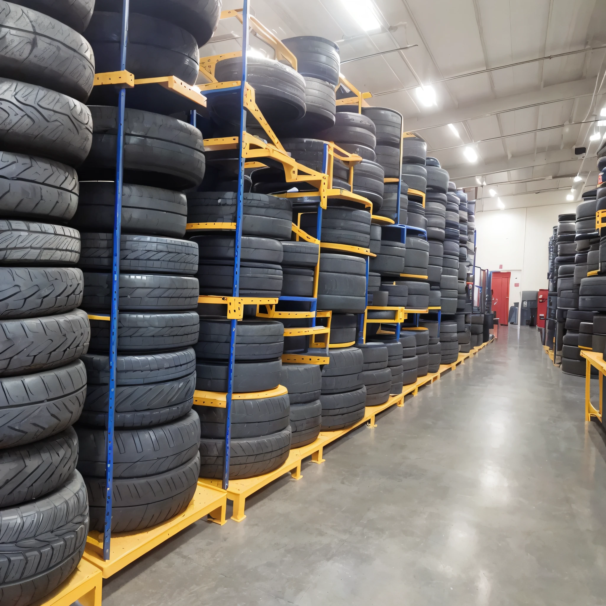 In a huge tire workshop, there are neat tire racks, tire racks are full of finished tires, tire patterns and specifications are consistent, and forklifts are shuttling work --auto --s2