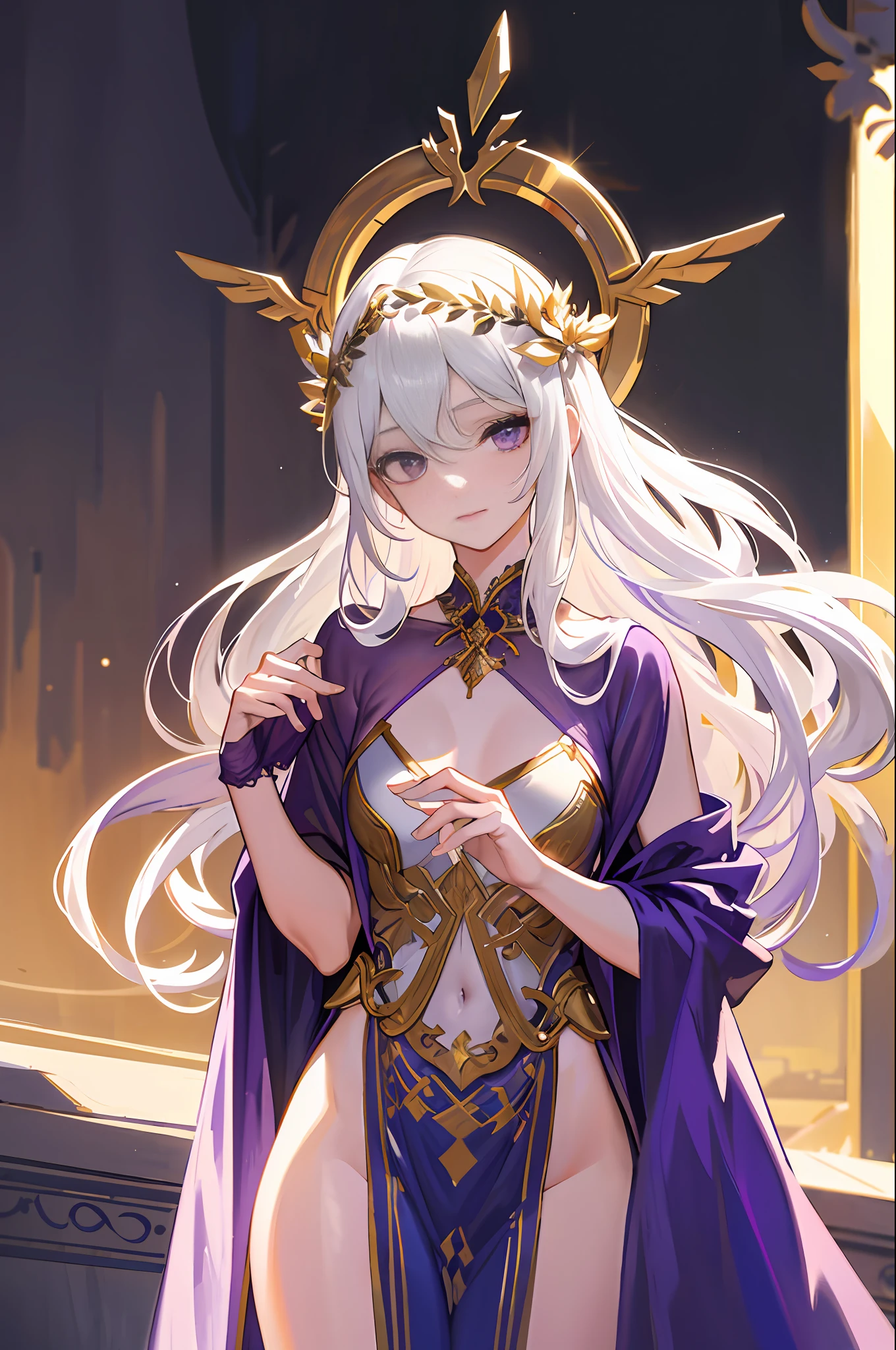 Masterpiece, best work, highest detail, white hair, long hair, purple eyes, beautiful eye detail, Greek goddess costume, full costume, beautiful costume detail, beautiful light and shadow detail, flat chest.