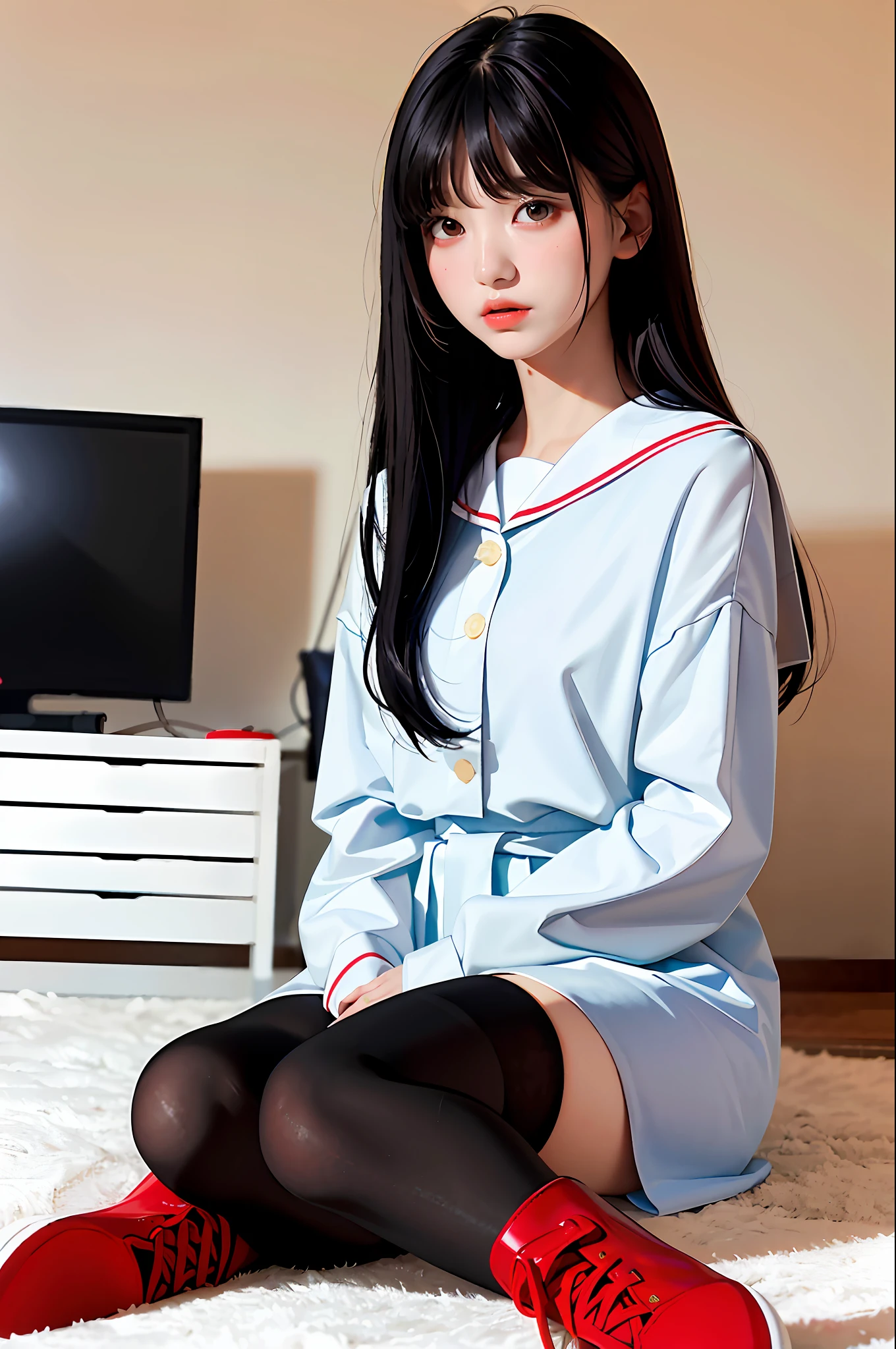 Masterpiece, Best Quality, (Dark Photo: 1.3), Realistic, 1girl, Flat Bangs, Stunning Innocent Symmetrical Face, Shirt, Emotional, Ulzzang, (PureErosFace_V1:0.7) Japanese high school girl, sailor suit, red shoes, long black stockings, homework at home