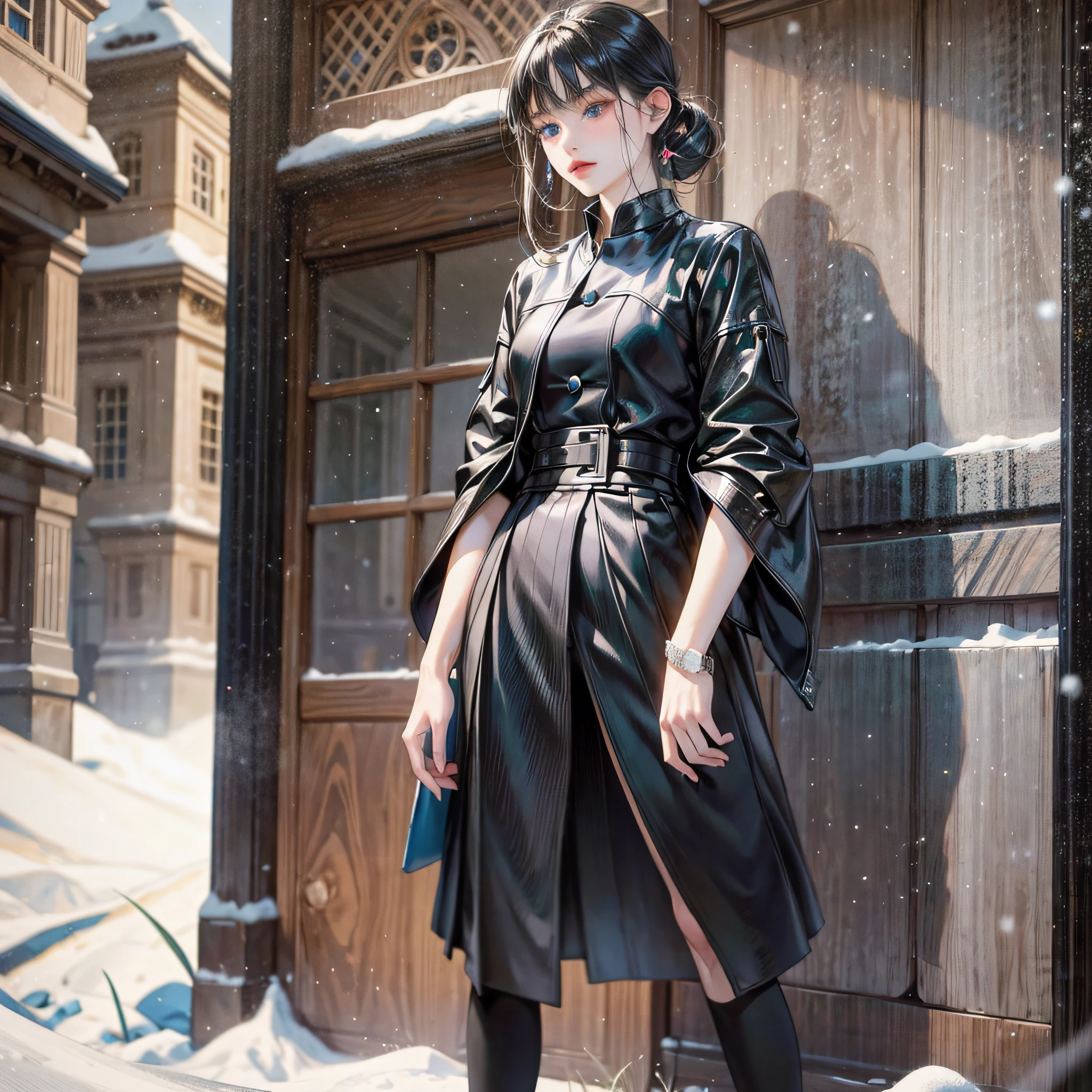 Yui Arakaki, Mode fashion, Black, Inner is a shirt, Outer is a tailored jacket, Mode skirt, Highly designed clothes, Stylish, Yohji Yamamoto, Only one model, Model is a transcendently beautiful Caucasian woman, Model has blue eyes, Hairstyle is black hair, Model is a live-action picture, Model reflects the whole body up to the feet, Snowy landscape, Winter clothes