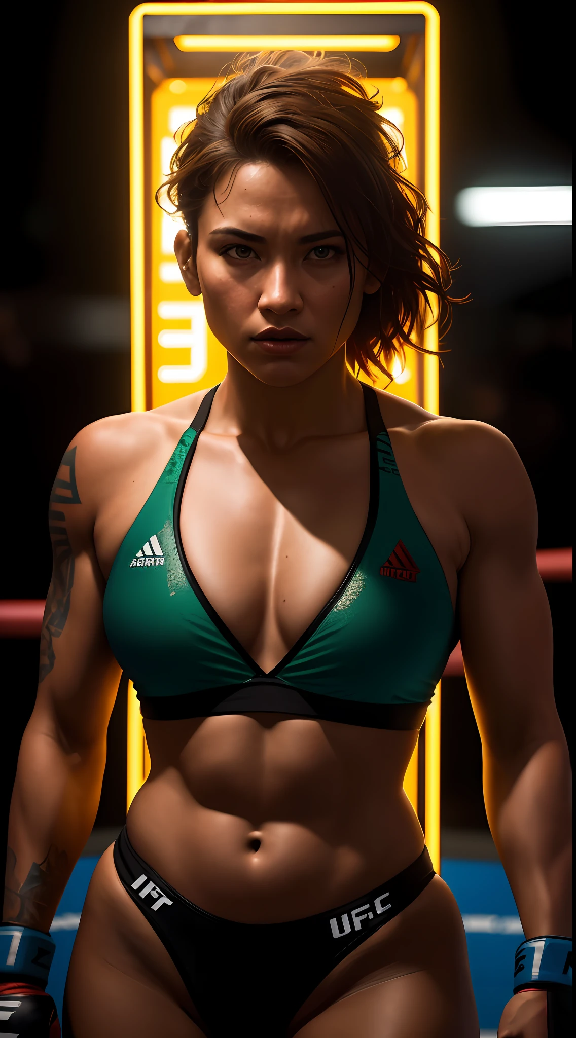 Masterpiece, ufc fighter woman, in a cage bustling with neon signs, cyberpunk aesthetics, very detailed lighting, dramatic, digital art trend in Artstation 8k HD high definition detailed realistic, detailed, skin texture, hyper detailed, realistic skin texture, armor, best quality, ultra high res, (photorealistic: 1.4), high resolution, detailed, Raw photo, Sharp Re, by Lee Jeffries Nikon D850 Film Stock Photography 4 Kodak Portra 400 Camera F1.6 Lens Rich Colors Hyper Realistic Realistic texture Dramatic lighting UnrealEngine trend in ArtStation Cinestill 800