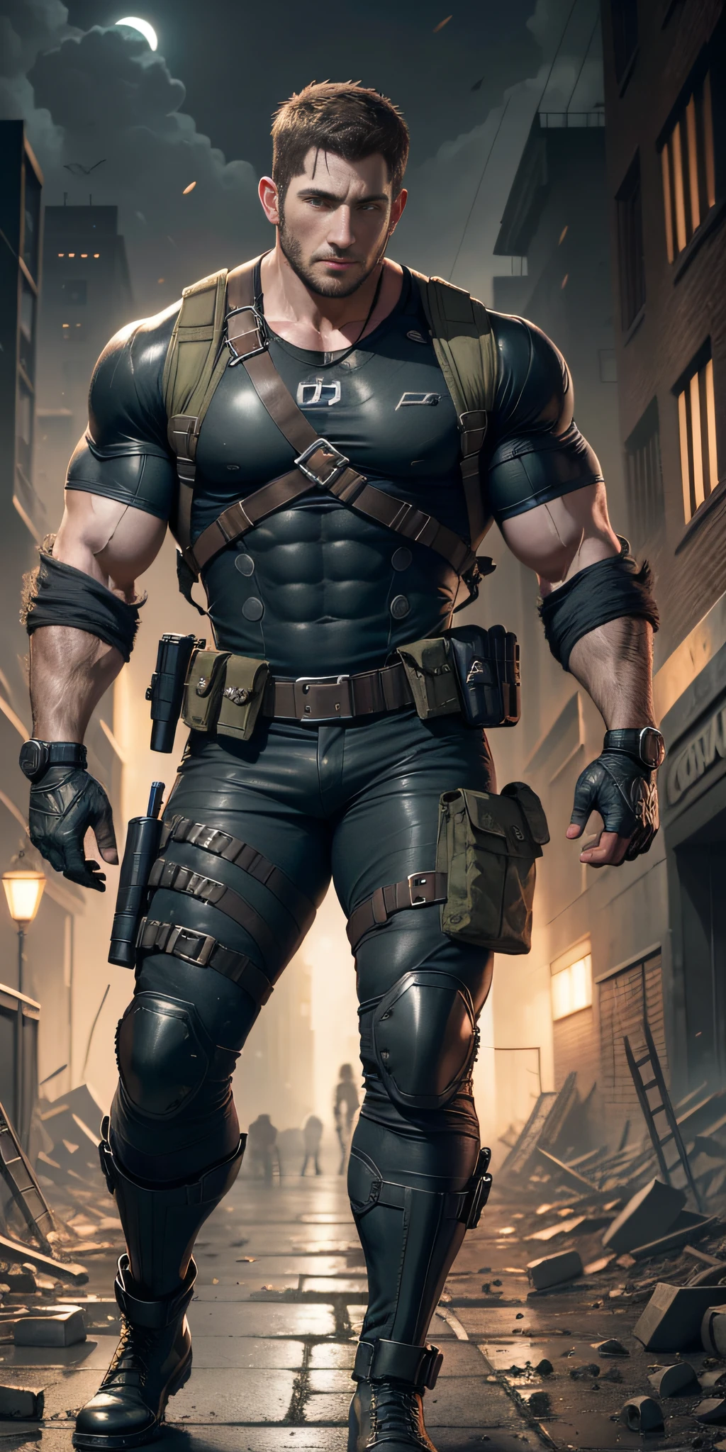Movie poster, character design (Resident Evil - Chris Redfield, Chris Redfield) wearing a black combat suit, standing alone in the ruins of the apocalypse, with a sad expression, muscle male hero, heroic male pose, tall and burly, muscular! Blue jewel-like pupils, deep and charming eyes, tall and burly, black combat suit, super buff and cool, high resolution committee, black military boots, attractive strong male, moonlight on the body, lonely