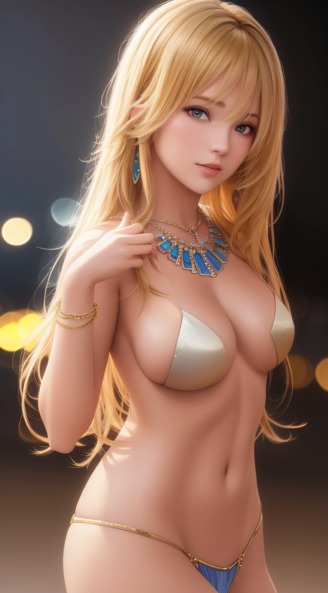 best quality, masterpiece, high_res, 1girl, hair ornament, necklace, jewelry, Beautiful face, upon body, tyndall effect, photo realistic, dark studio, rim lighting, two tone lighting, (high detailed skin:1.2), 8k uhd, dslr, soft lighting, high quality, volumetric lighting, candid, Photograph, high resolution, 4k, 8k, Bokeh, medium breasts, open fingers, (hair color:blonde:1)