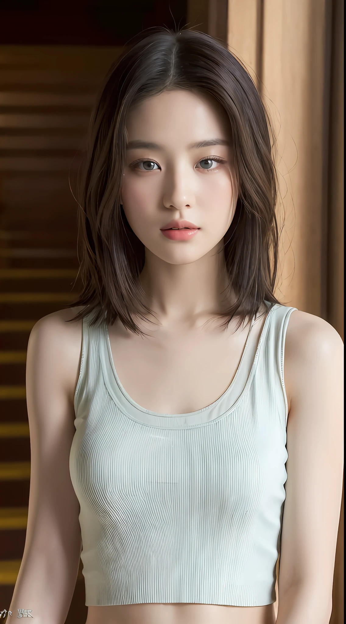 ((Best quality, 8k, Masterpiece :1.3)), Sharp focus:1.2, Perfect Body Beauty:1.4, Slim Abs:1.2, (Layered hairstyle:1.2)), (Tank top shirt:1.1), (Corridor: 1.2), Highly detailed face and skin texture, Fine eyes, Double eyelids