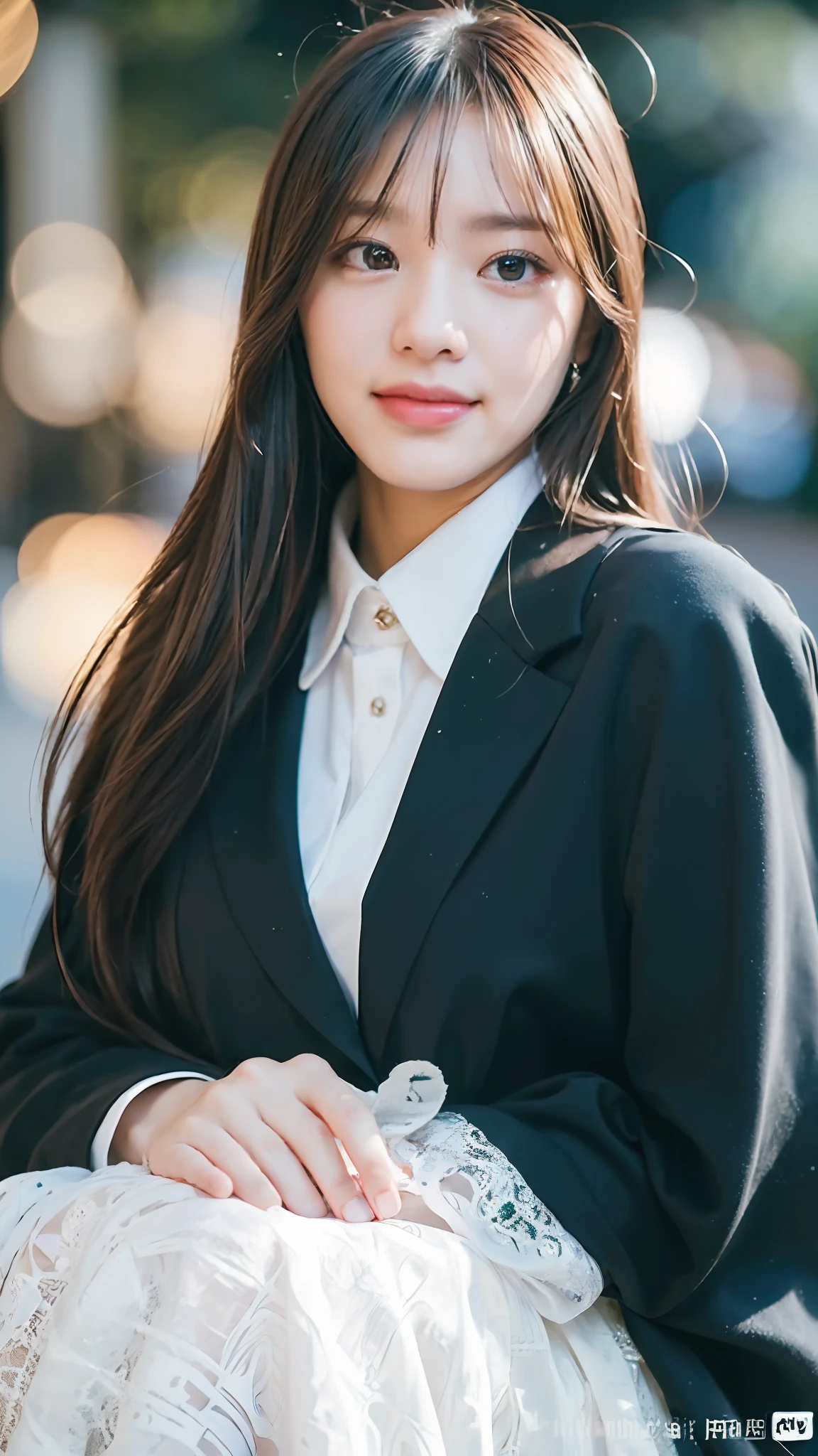 (8K, Best Quality, Masterpiece, Ultra High Definition, High Definition Face: 1.3), Portrait, (20-year-old girl: 1.3), Beautiful, Cute, Bokeh, (full body shot: 1.3), light smile, formal clothes, face the front,