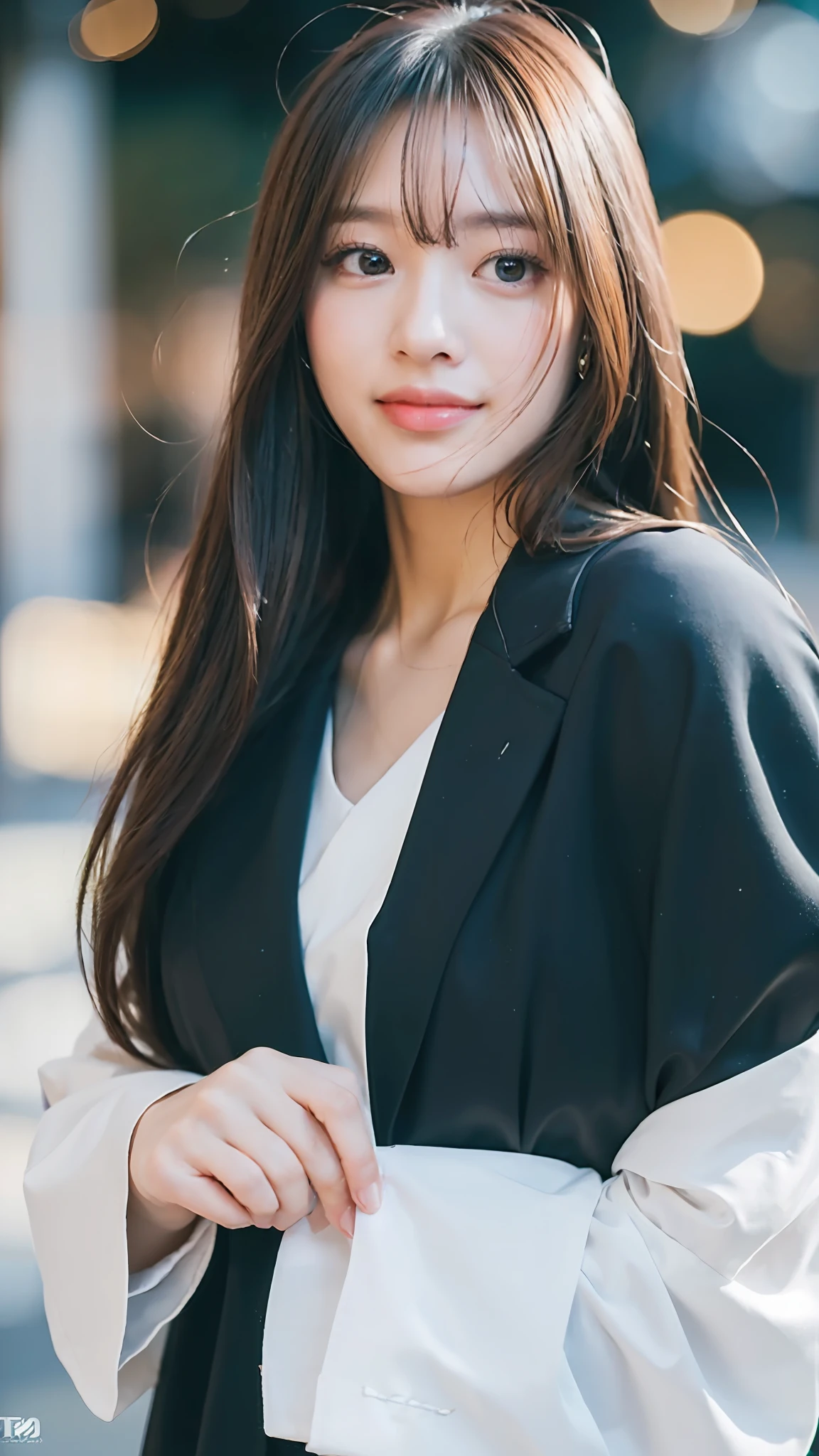 (8K, Best Quality, Masterpiece, Ultra High Definition, High Definition Face: 1.3), Portrait, (20-year-old girl: 1.3), Beautiful, Cute, Bokeh, (full body shot: 1.3), light smile, formal clothes, face the front,