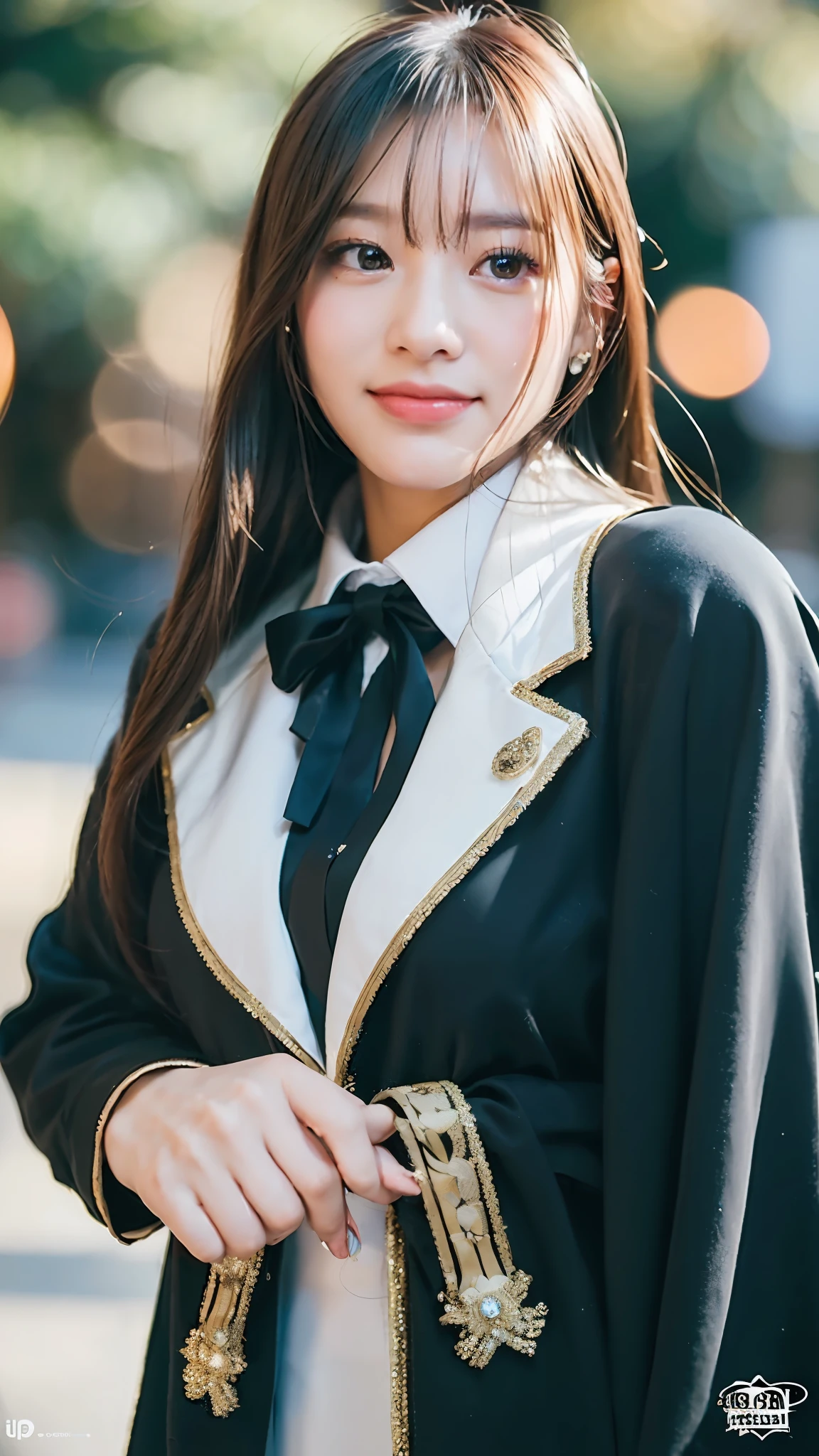 (8K, Best Quality, Masterpiece, Ultra High Definition, High Definition Face: 1.3), Portrait, (20-year-old girl: 1.3), Beautiful, Cute, Bokeh, (full body shot: 1.3), light smile, formal clothes, face the front,