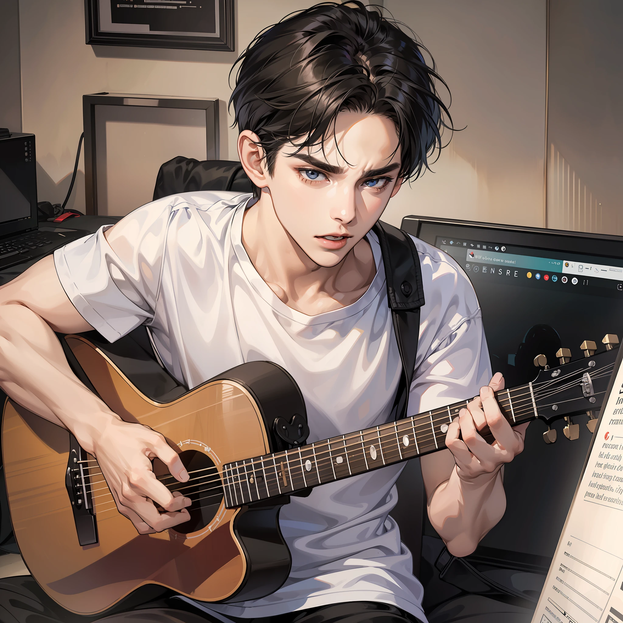Masterpiece, high quality, best quality, HD, realistic, perfect lighting, detailed face, detailed body, 1 man, short black hair, white t-shirt, (serious expression: 1.5) (serious face: 1.5), open mouth, sitting, holding guitar in hand, singing, looking at computer monitor, far view, in the room