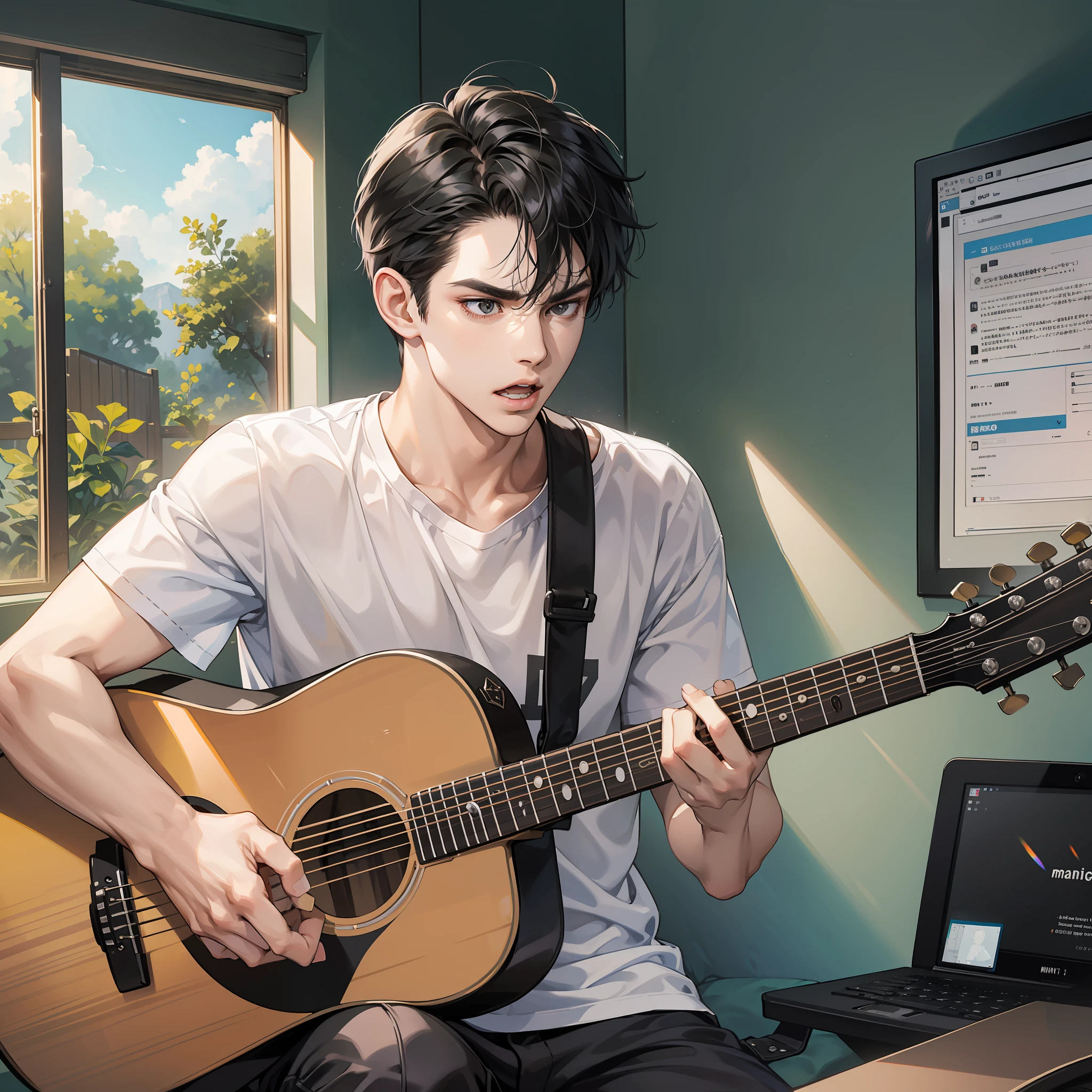 Masterpiece, high quality, best quality, HD, realistic, perfect lighting, detailed face, detailed body, 1 man, short black hair, white t-shirt, (serious expression: 1.5) (serious face: 1.5), open mouth, sitting, holding guitar in hand, singing, looking at computer monitor, far view, in the room