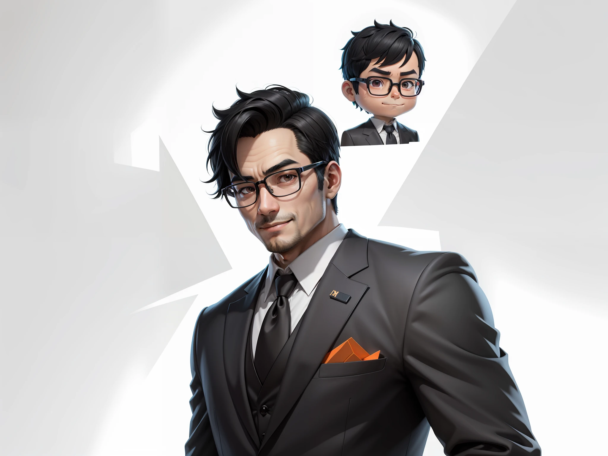 Super young, Japanese suit man, 35 years old, silver glasses, slightly chubby face, clean face, no beard on chin, black super short hair, black eyes, black suit, blue tie, confident smile, digital painting, film, 3D character design by Mark Claireden and Pixar and Hayao Miyazaki, the illustration is a high-definition illustration in 4K resolution with very detailed facial features and cartoon-style visuals.
