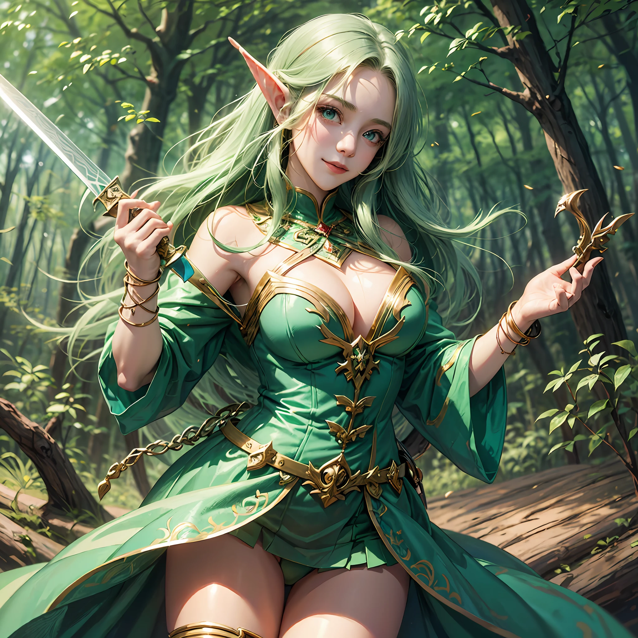 Like cartoon, elf beautiful girl, magic swordsman, in the forest, smiling, thighs, --auto --s2