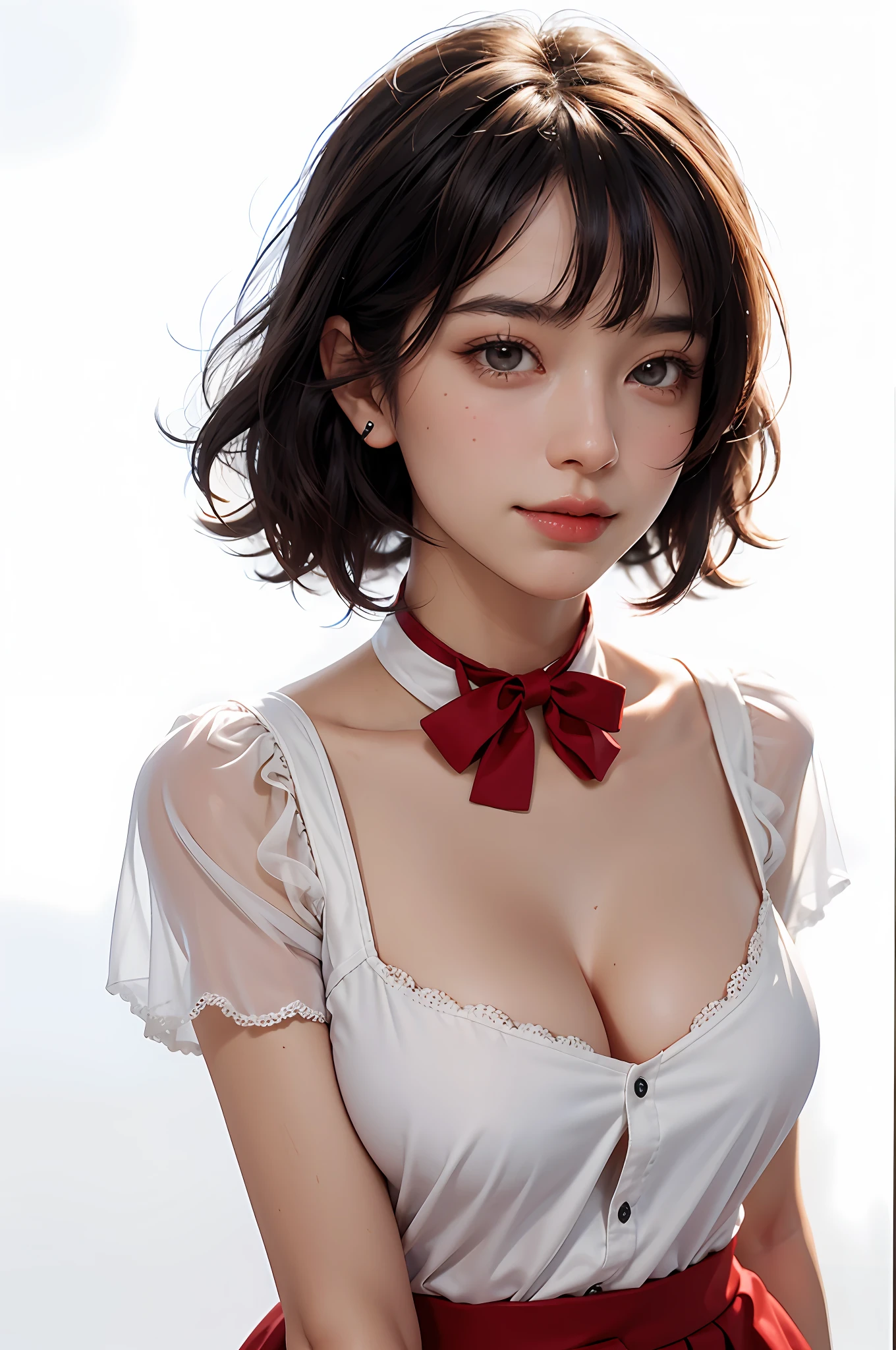 (RAW photo, best quality), (realistic, photorealistic: 1.2), close-up portrait photo, one woman, white background, nothing background, smile, (high definition skin: 1.4), big eyes, eyelashes, clear double eyelids, clear eyes, short hair, gorgeous hair, air bangs, dark brown black hair, white transparent shirt and red bow tie, chest, , Deep cleavage, bd pleated skirt, soft lighting, high quality, gloss on skin, gloss on chest, gloss on lips, gloss on face, fair skin, great attraction with transparency, ears out, highlights in the eyes, moderate breeze
