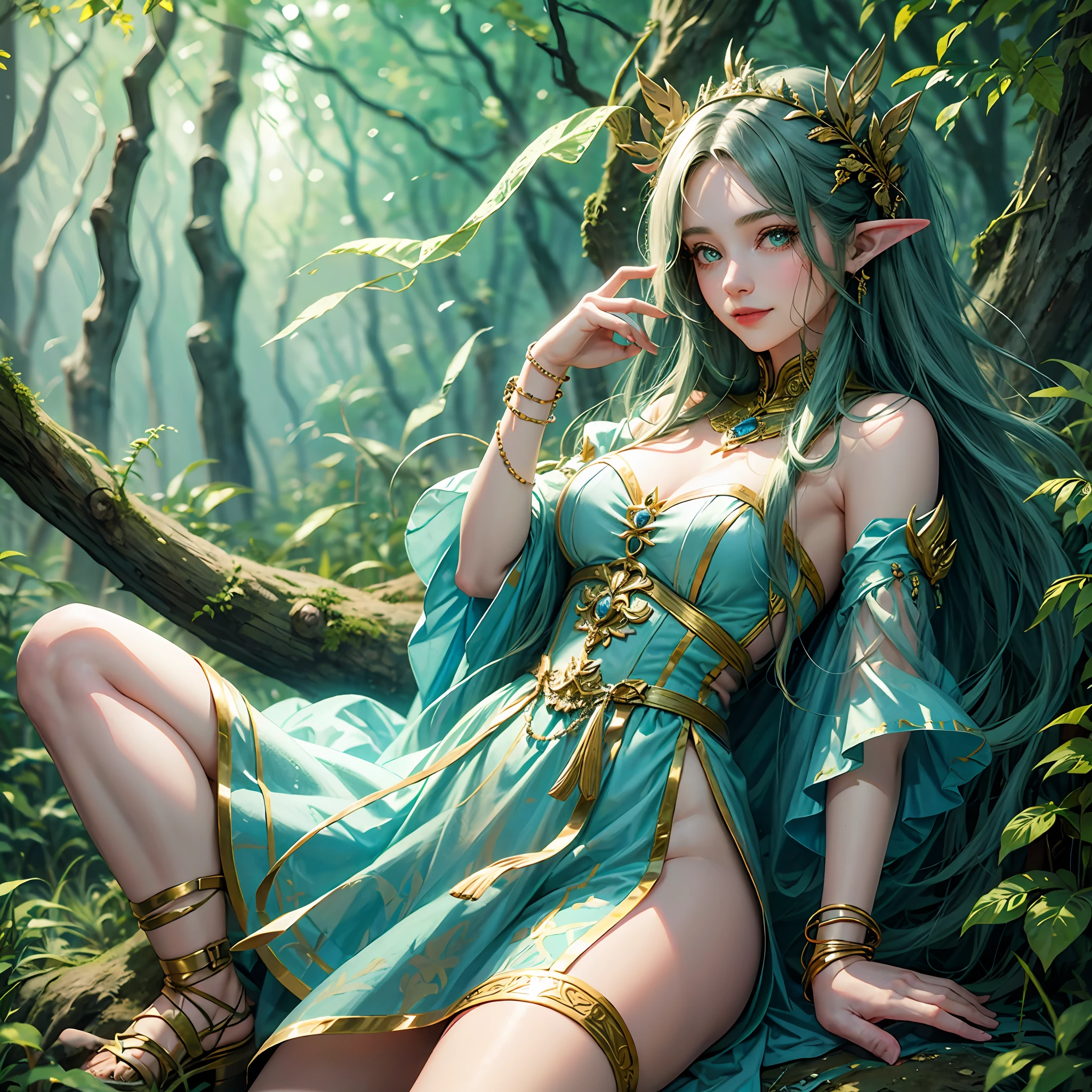 Like cartoon, elf beautiful girl, magic swordsman, in the forest, smiling, thighs, --auto --s2